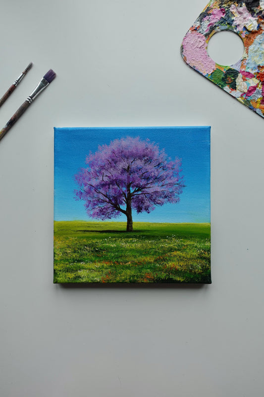 Acrylic painting on stretched canvas by AB mini ART. Purple tree on a green vibrant field. Nature original landscape artwork. Traditional art. Home decor wall art mini painting
