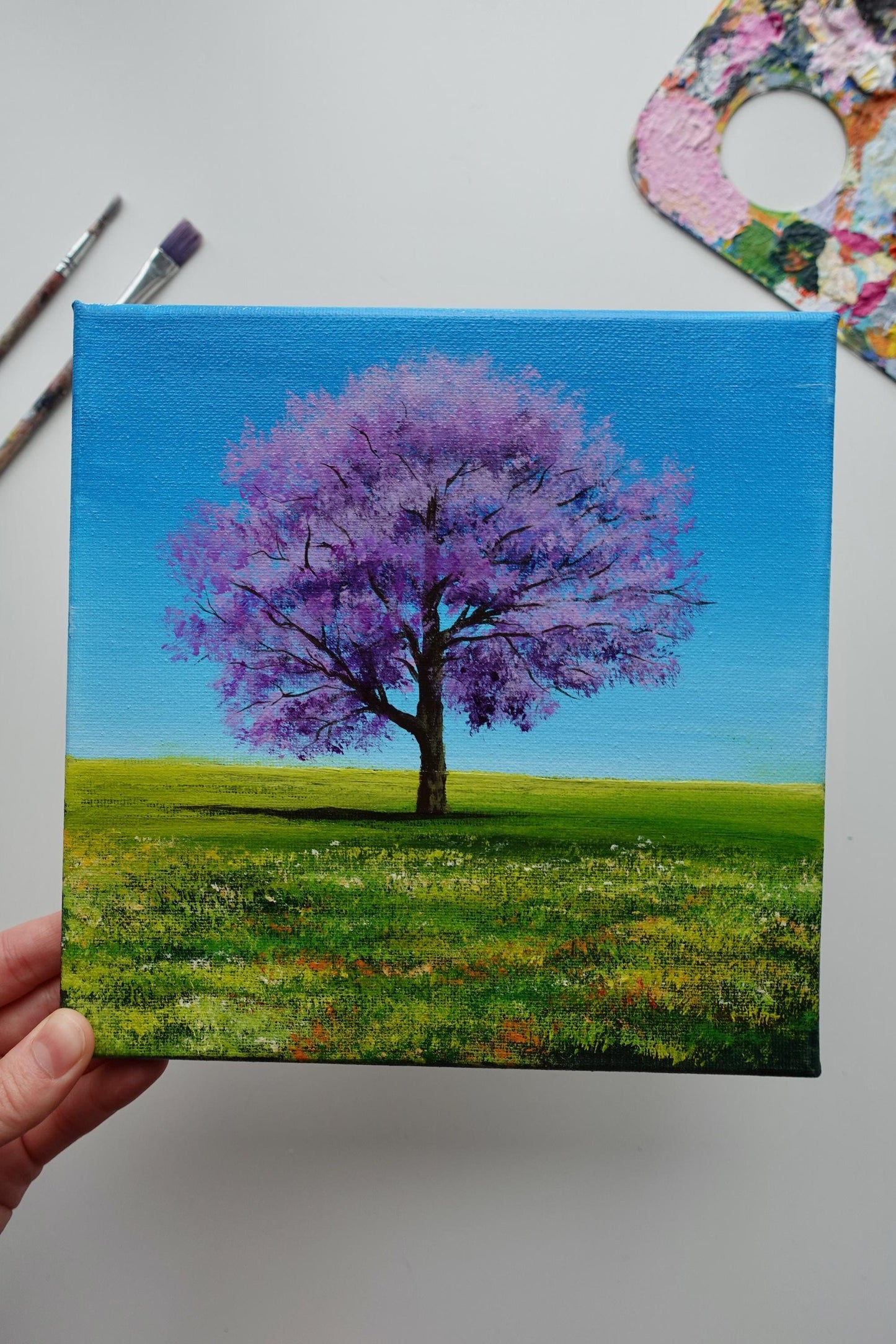 Jacaranda Tree Painting - Original Acrylic Landscape Art, 8x8 Canvas