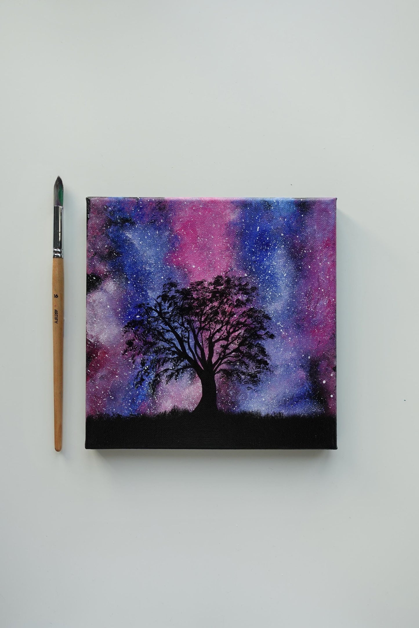 Cosmic Dream Tree Painting – Galaxy Silhouette Art, 8x8 Canvas
