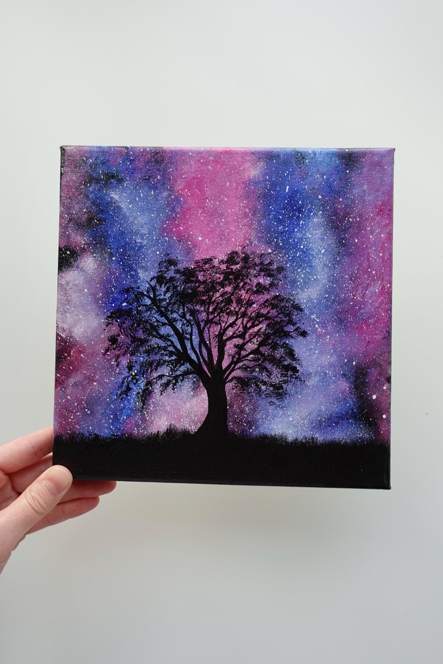 Cosmic Dream Tree Painting – Galaxy Silhouette Art, 8x8 Canvas