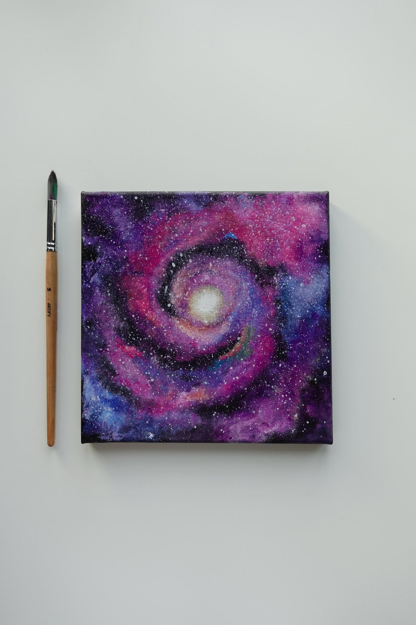 Galactic Spiral Acrylic Painting: Purple Pink Nebula, 8x8 Canvas