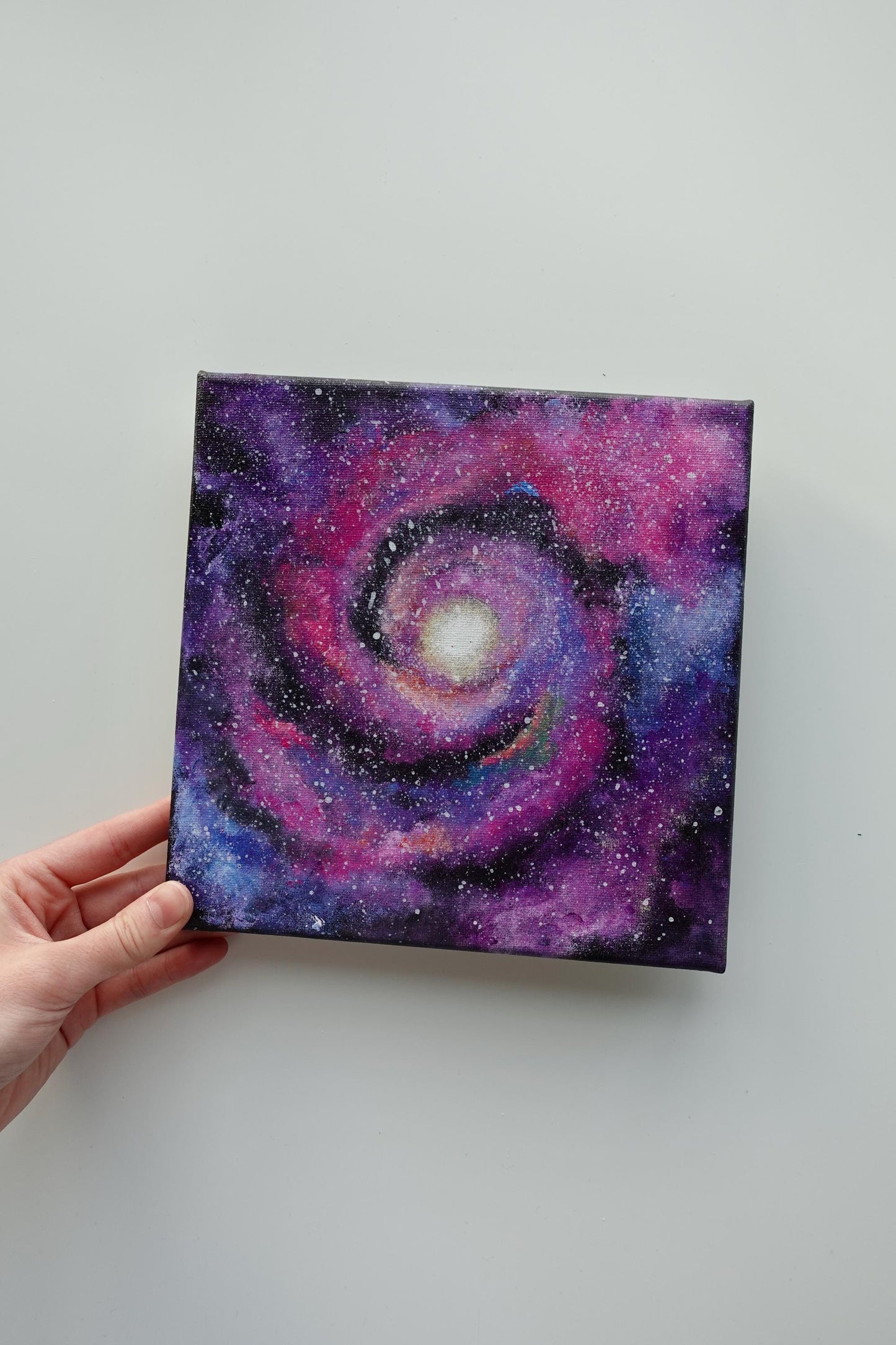 Galactic Spiral Acrylic Painting: Purple Pink Nebula, 8x8 Canvas