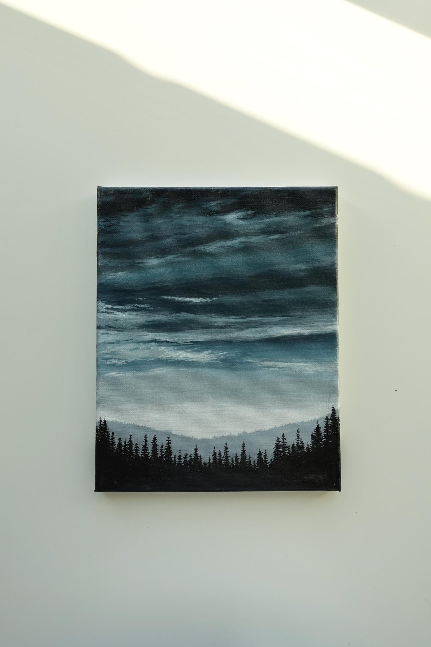 Twilight vibes original acrylic painting by AB mini ART.Dark landscape painting vibes. Home wall art gifts. Pine trees and cloudy sky artworks.