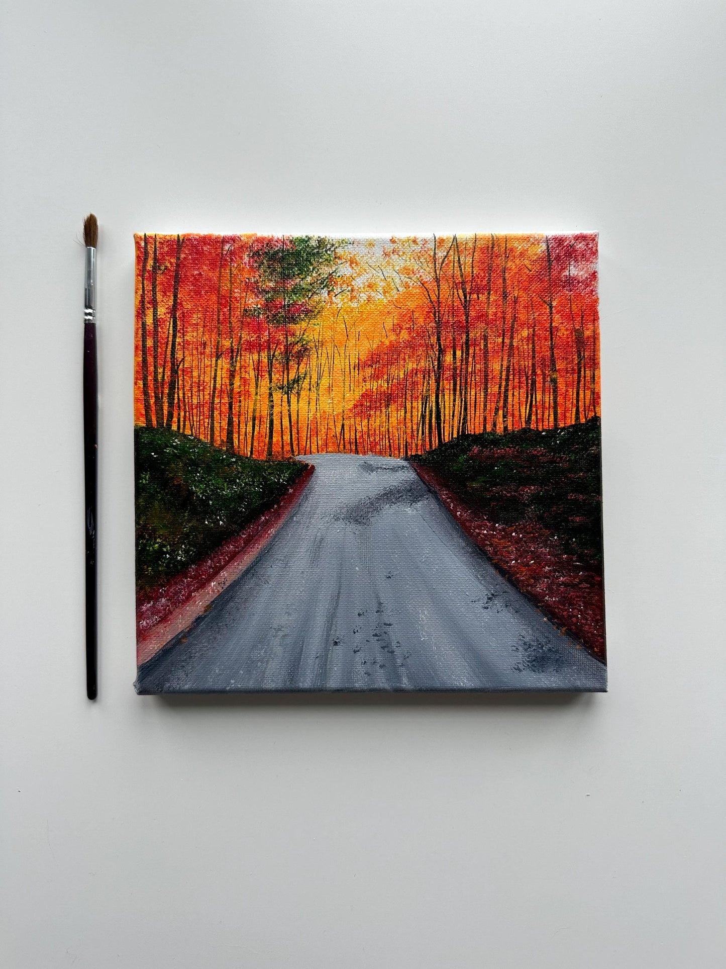 Autumn Road Painting: Original Acrylic Fall Forest Landscape, 8x8 Canvas