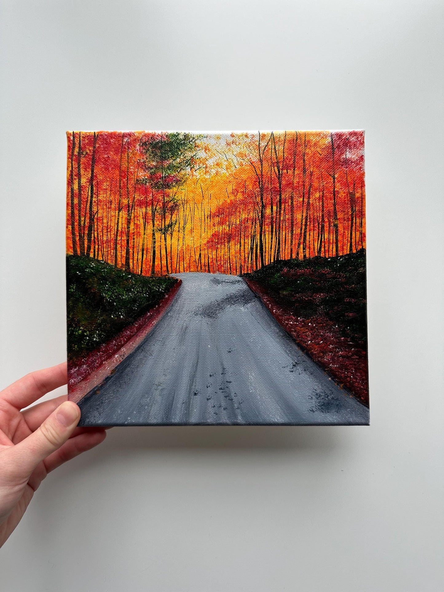 Autumn Road Painting: Original Acrylic Fall Forest Landscape, 8x8 Canvas