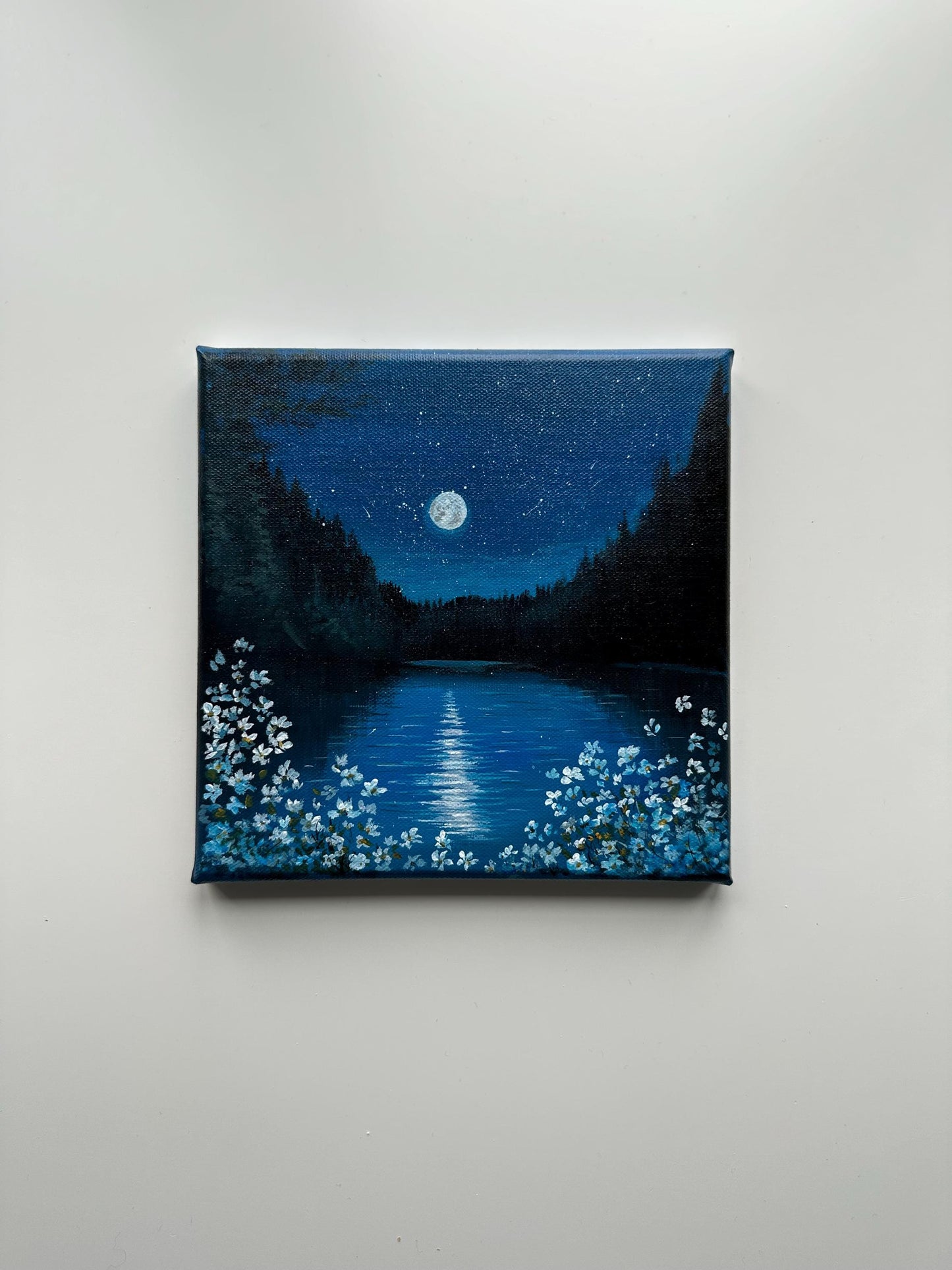 Moonlit River Painting: Original Acrylic Nightscape, 8x8 Canvas