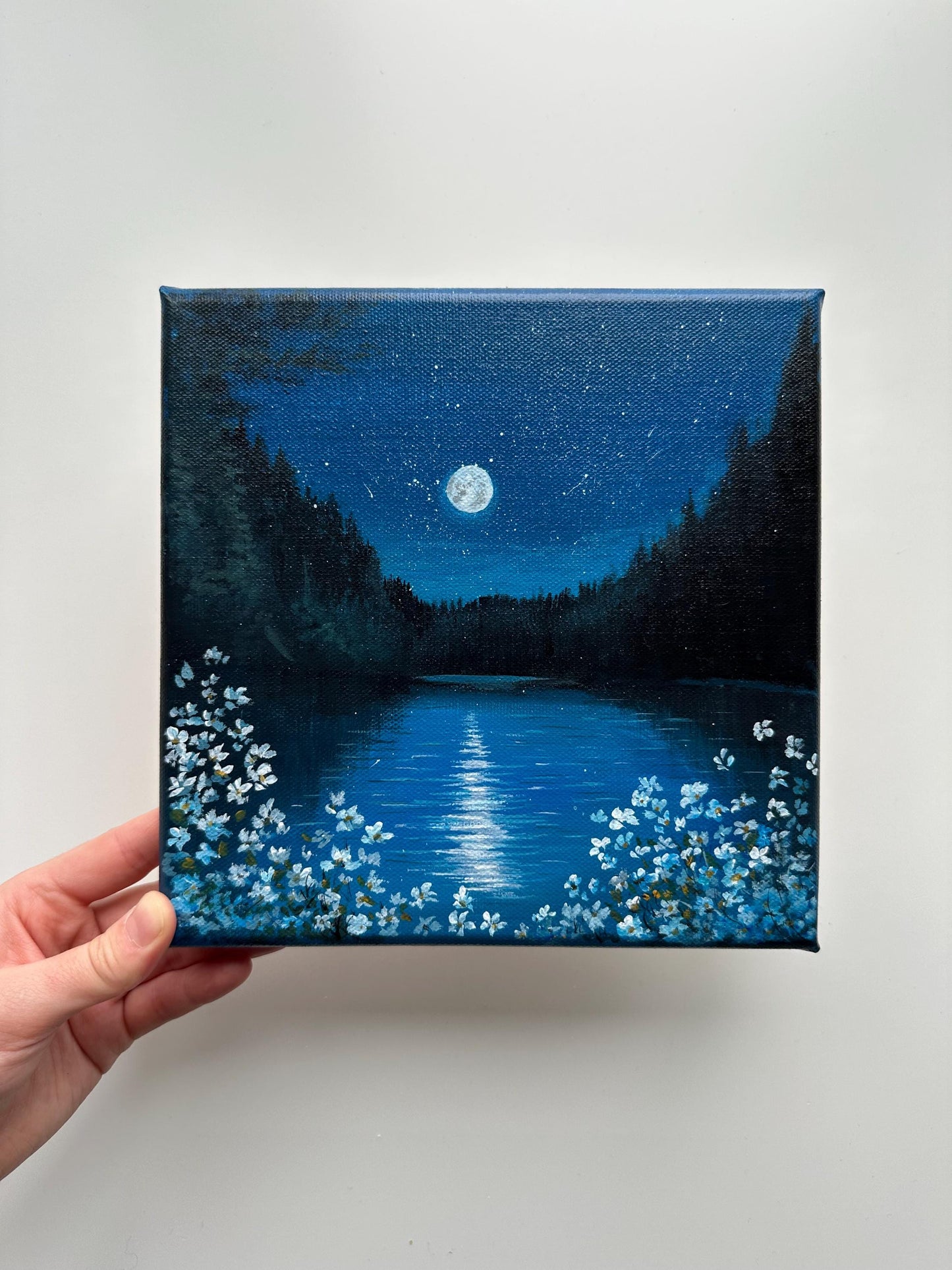 Moonlit River Painting: Original Acrylic Nightscape, 8x8 Canvas