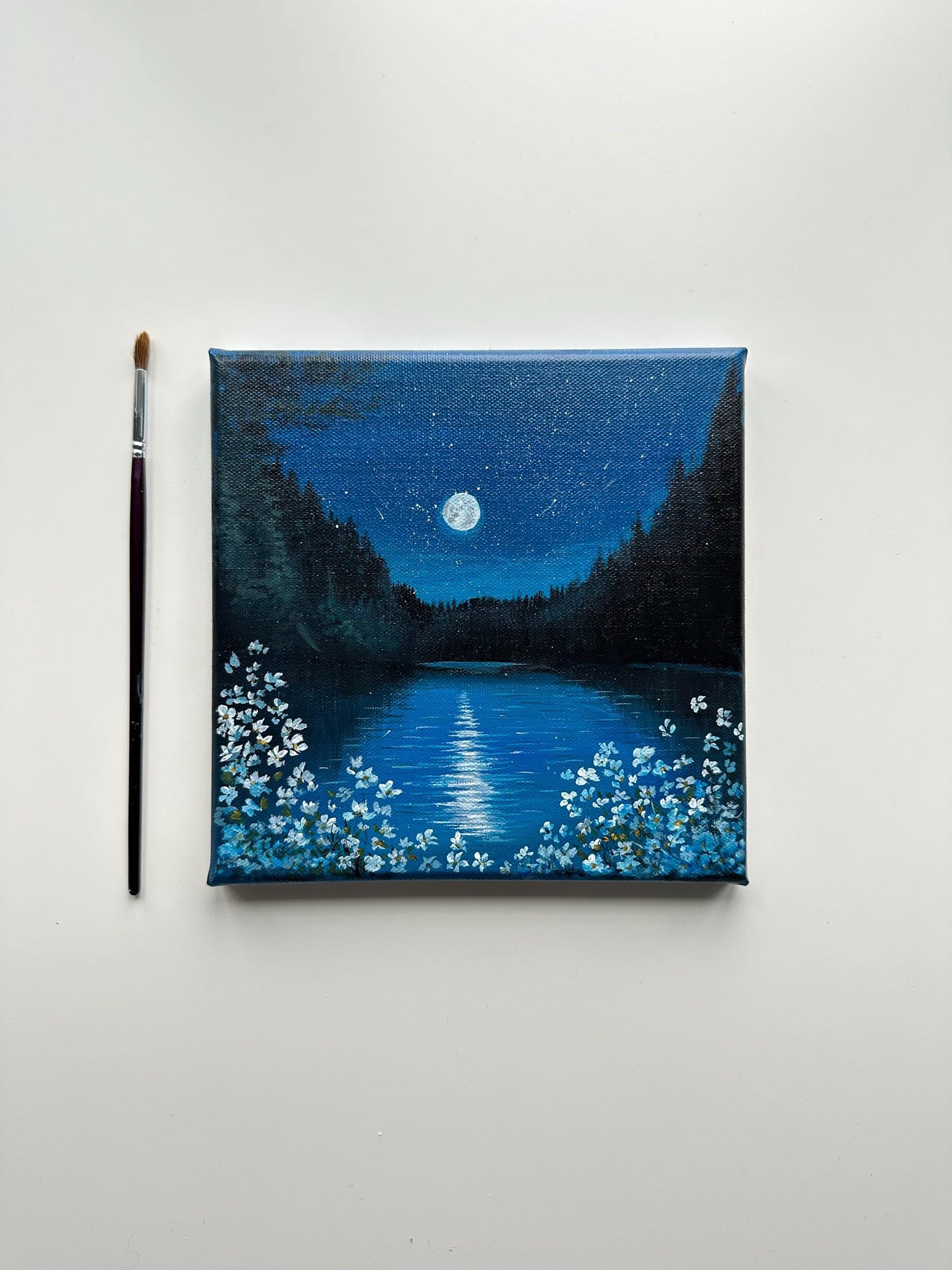 Moonlit River Painting: Original Acrylic Nightscape, 8x8 Canvas