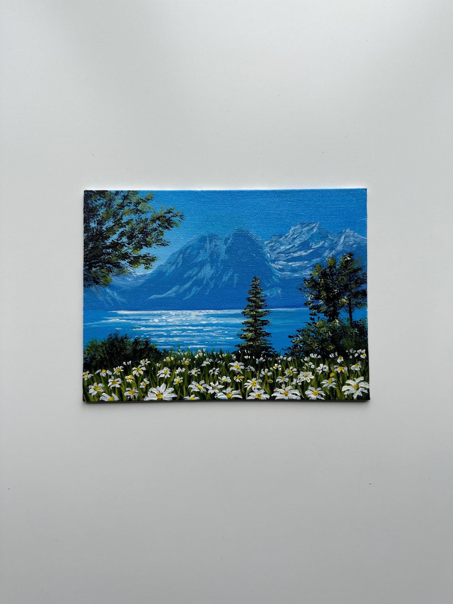 Daisies acrylic painting on canvas board by AB mini ART. Mountain lakeside serenity original artwork . Home decor wall art for gift. Traditional peaceful plan paintings
