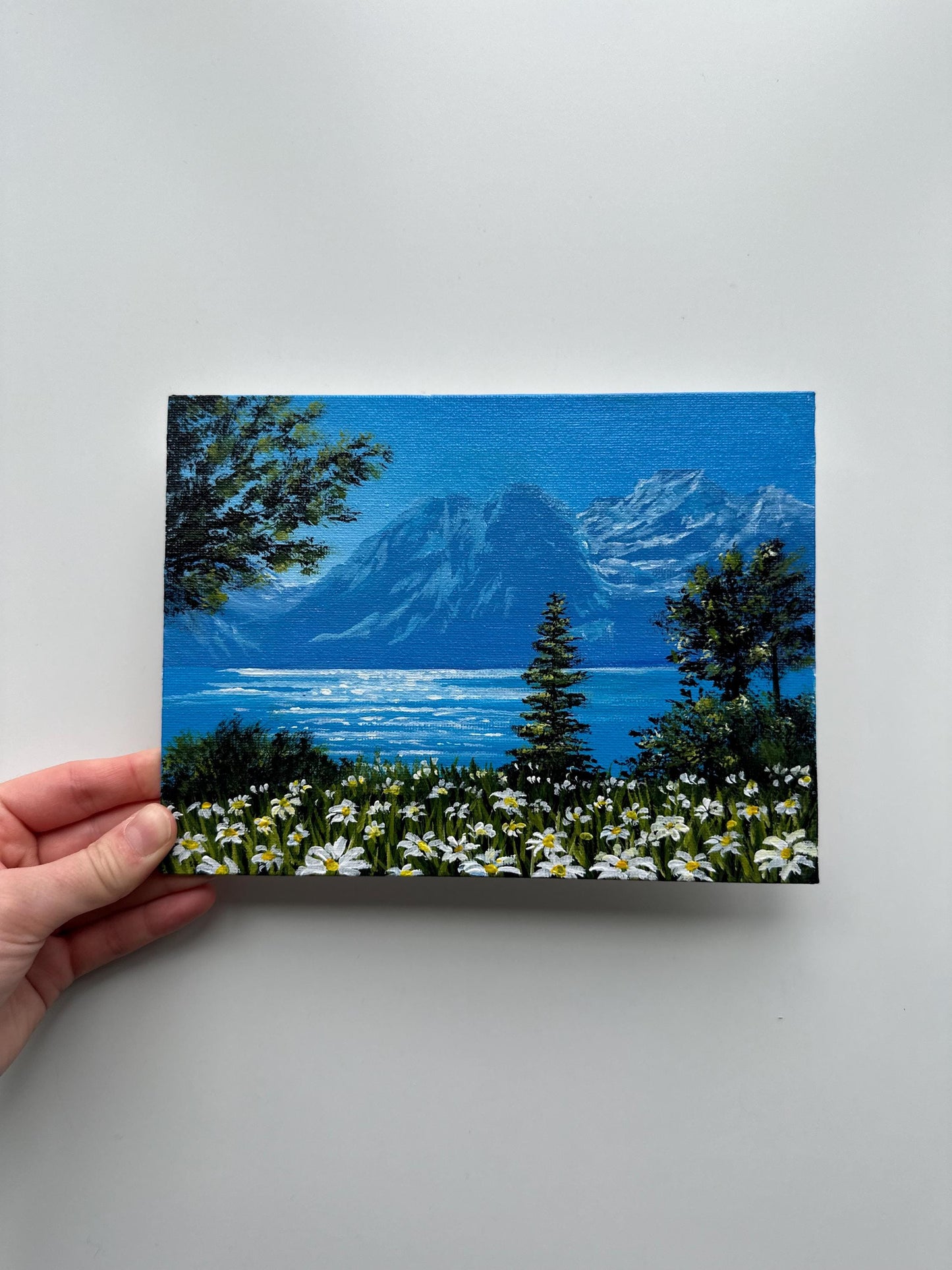 Original Mountain Landscape Painting - 6”x8” Acrylic on Canvas Board - Wildflower Meadow & Lake Scene