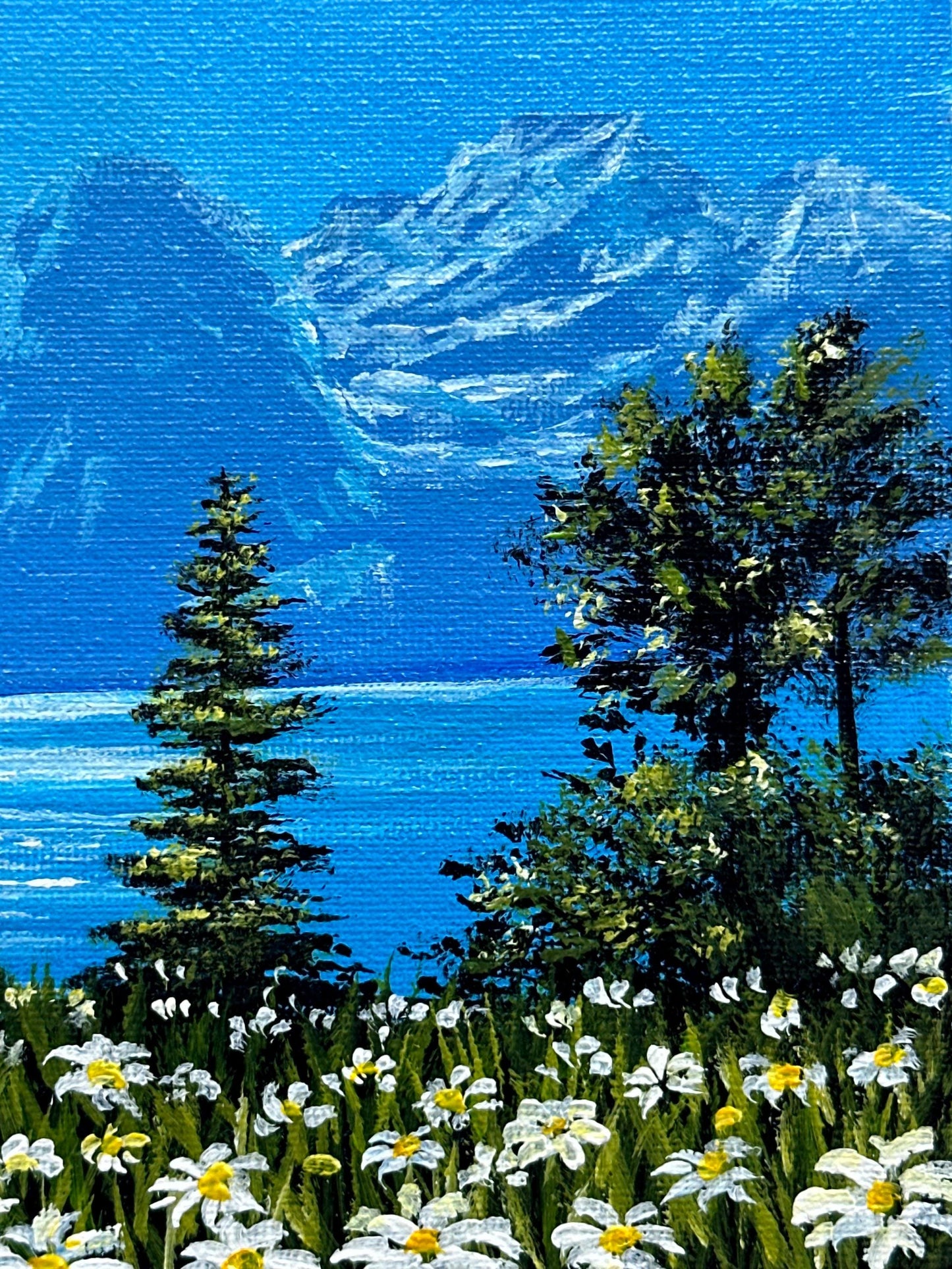 Original Mountain Landscape Painting - 6”x8” Acrylic on Canvas Board - Wildflower Meadow & Lake Scene