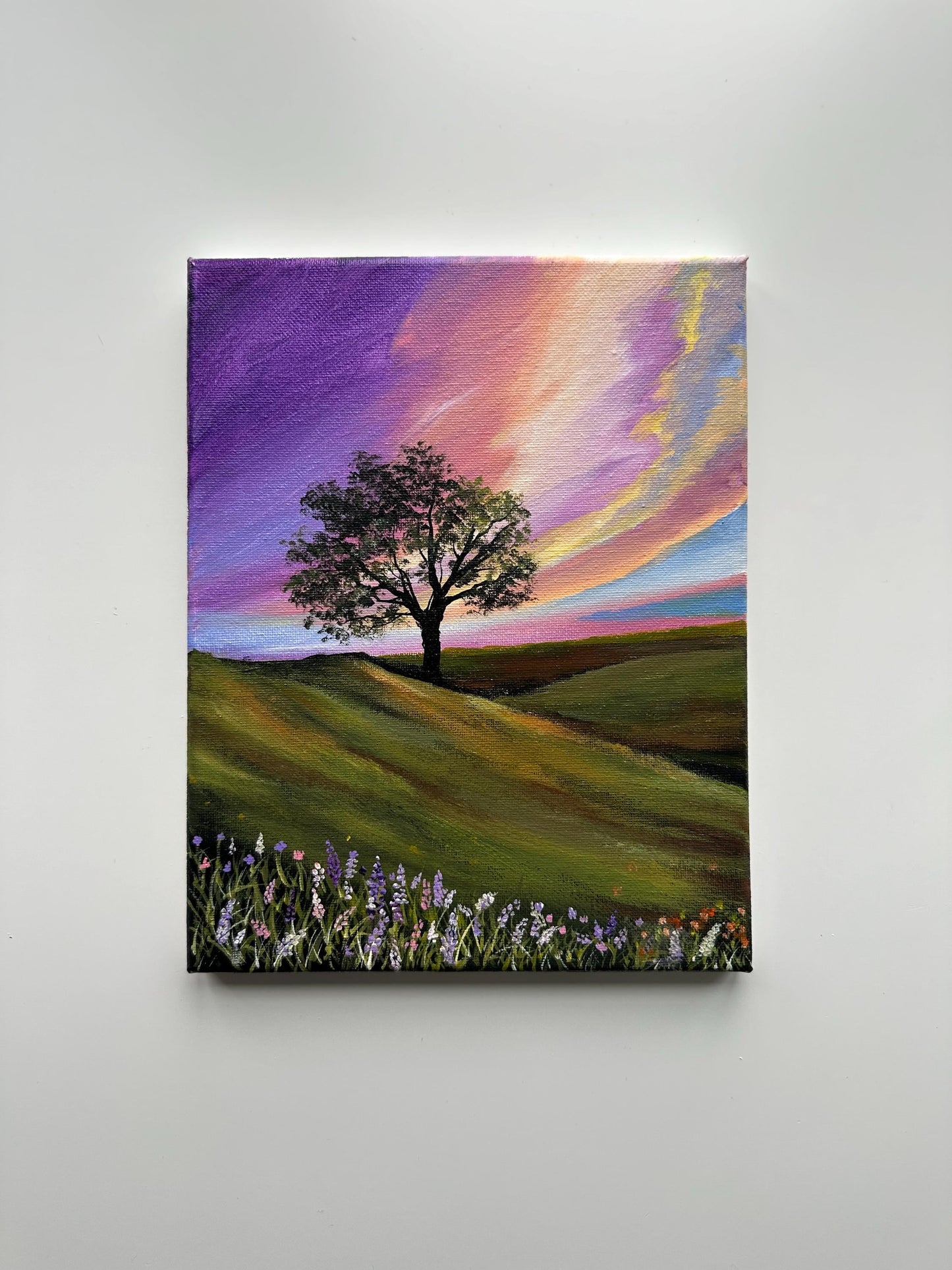 Golden Sky Meadow - Original Acrylic Painting, Vibrant Sunset Landscape, Rolling Hills & Wildflowers, 8x10 Canvas