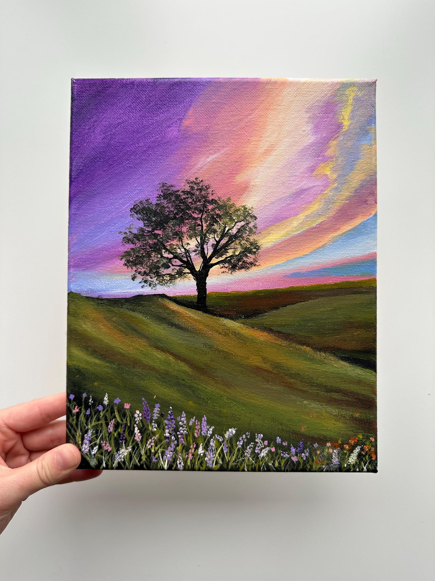 Golden Sky Meadow - Original Acrylic Painting, Vibrant Sunset Landscape, Rolling Hills & Wildflowers, 8x10 Canvas