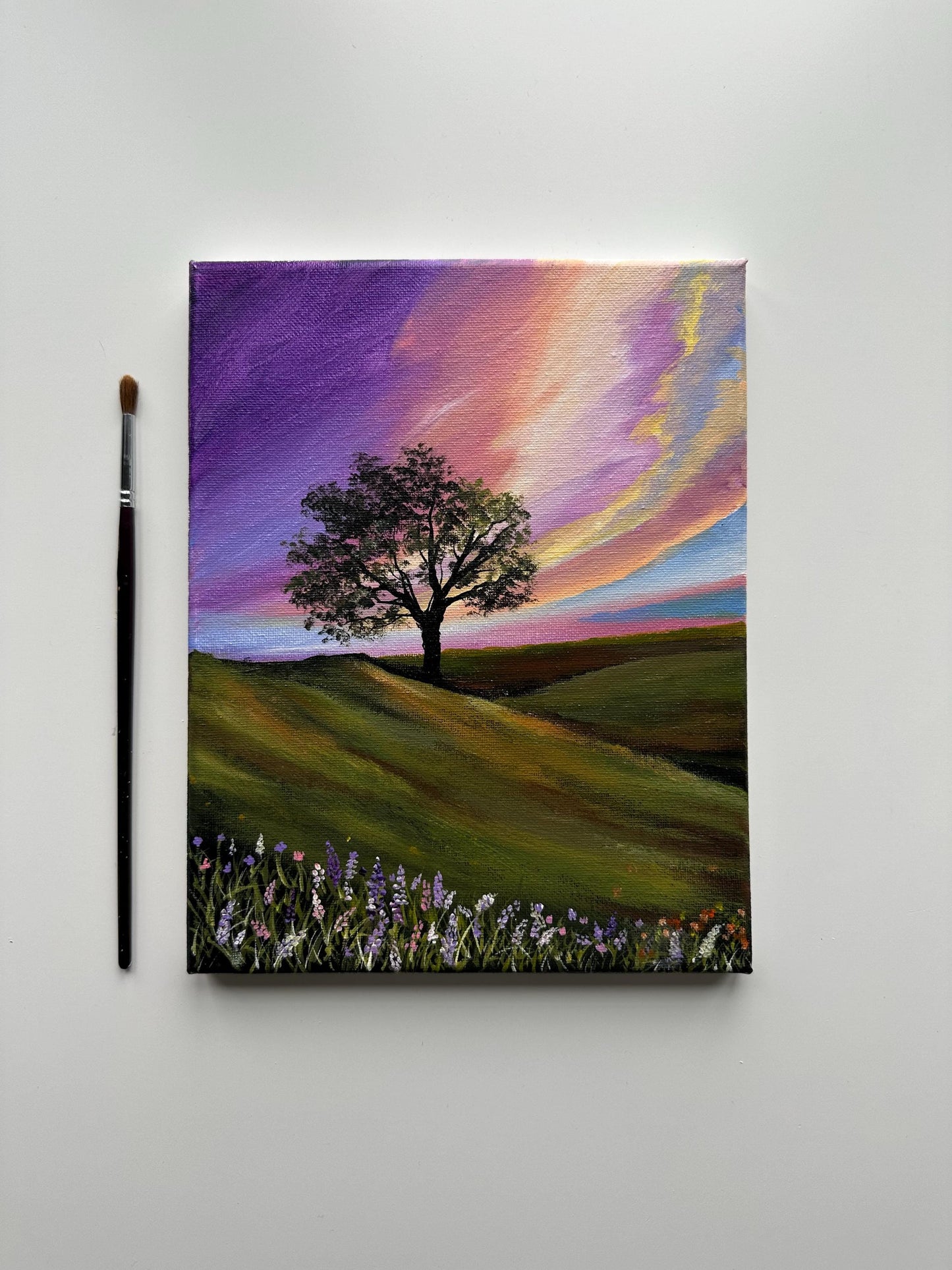 Golden Sky Meadow - Original Acrylic Painting, Vibrant Sunset Landscape, Rolling Hills & Wildflowers, 8x10 Canvas