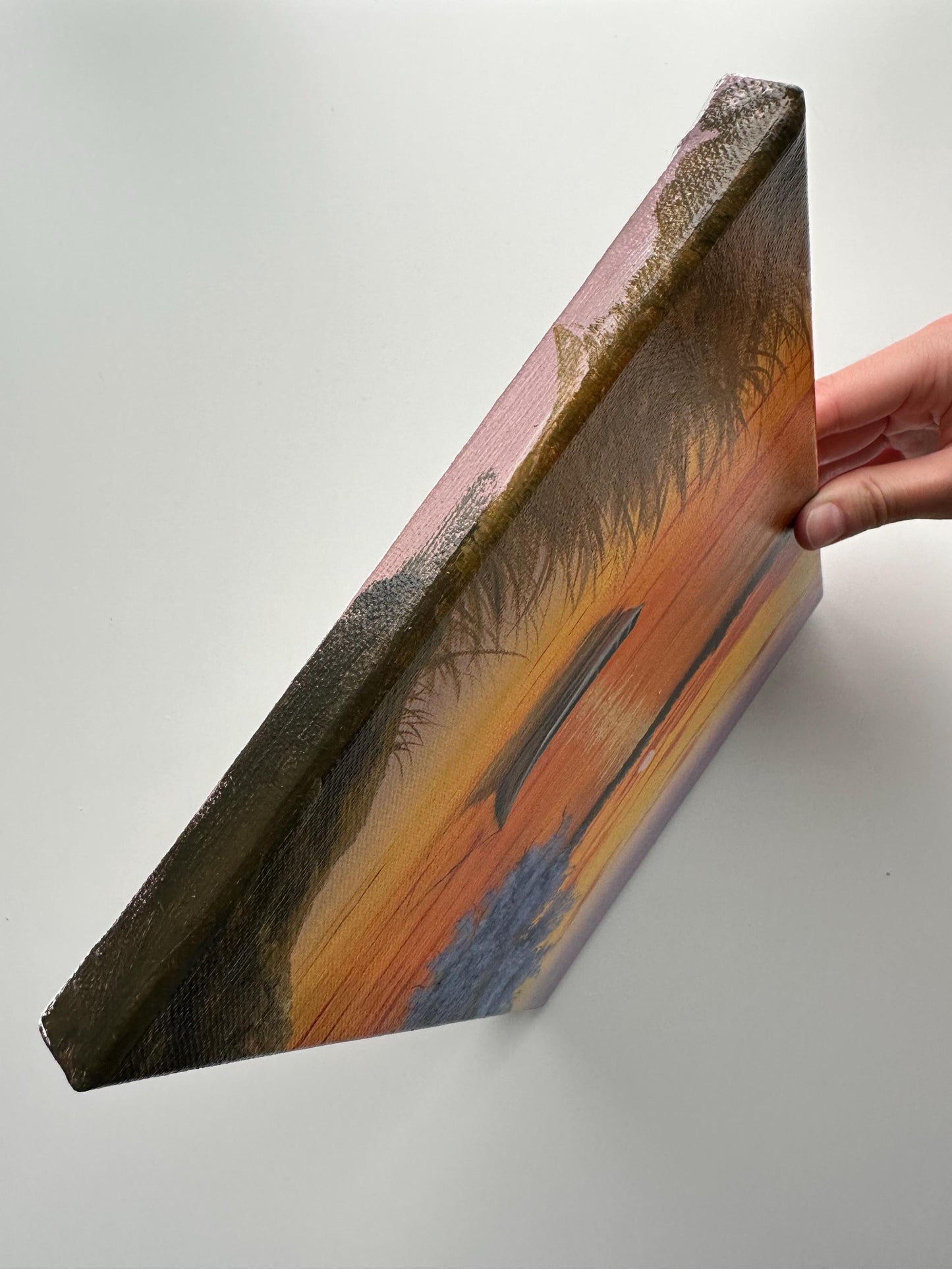 Original Acrylic Lake Painting: Golden Sunset, Tranquil Boat Scene (8x10 Canvas)