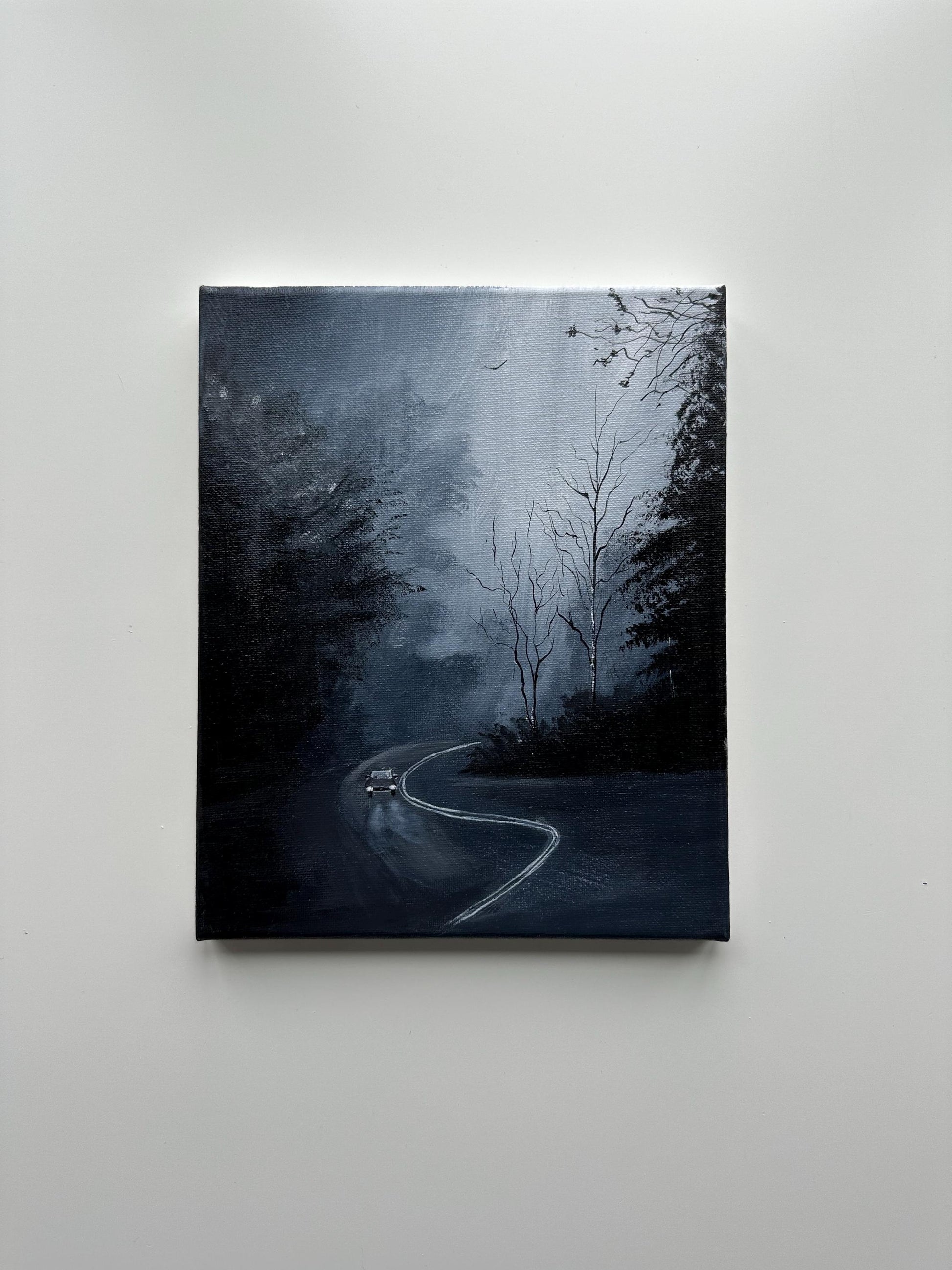 Foggy dark vibes acrylic painting on stretched canvas by AB mini ART. Gloomy ride acrylic landscape artwork. Dark nature artwork w car on the foggy road.