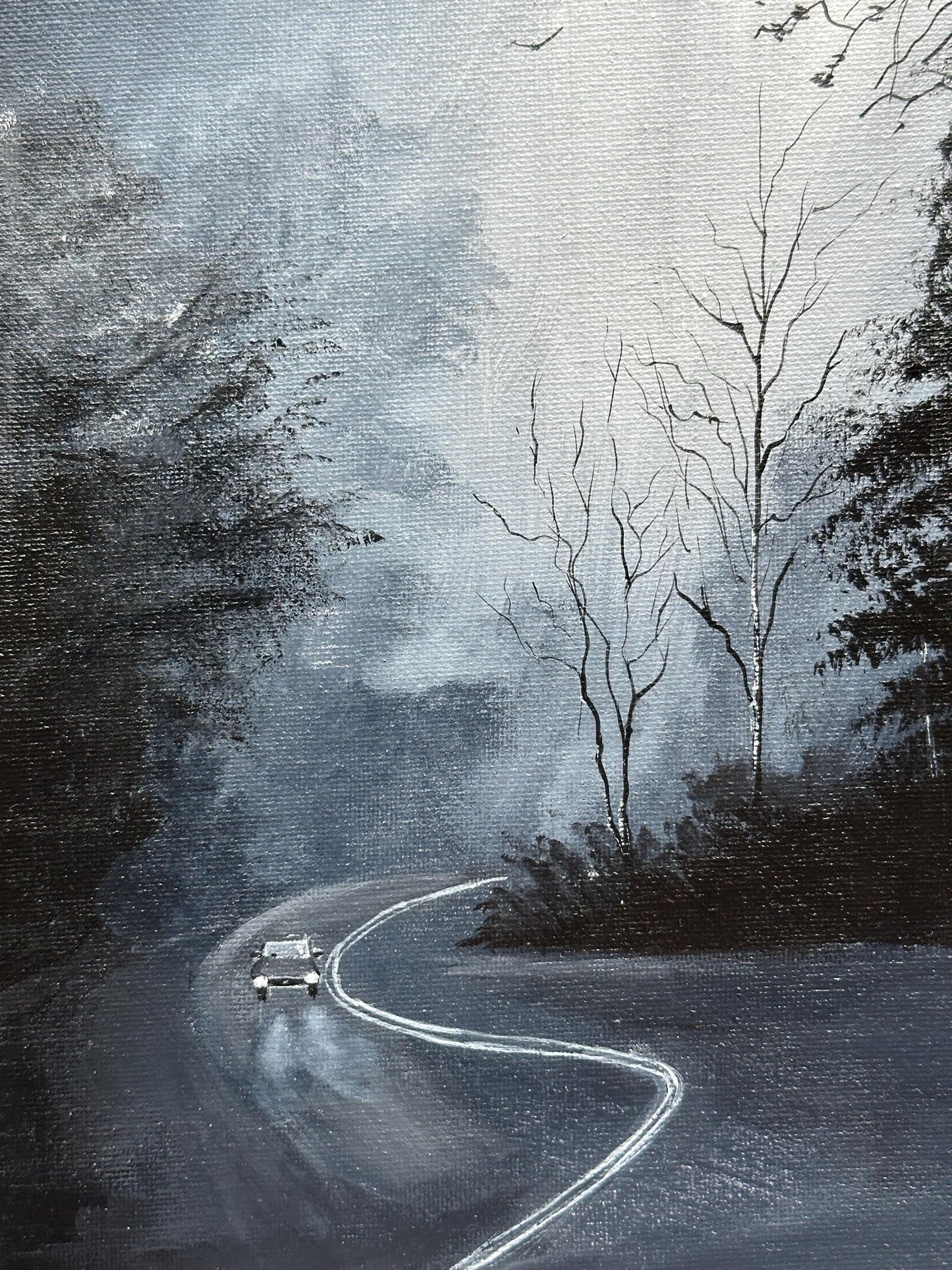 Foggy Night Drive Painting – Original Acrylic Art, Moody Decor