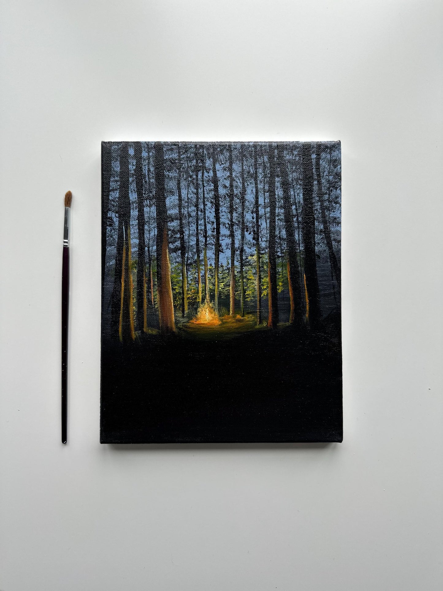 Campfire Glow Acrylic Painting – Forest Bonfire Art, Cozy Cabin Decor (8x10 Canvas)