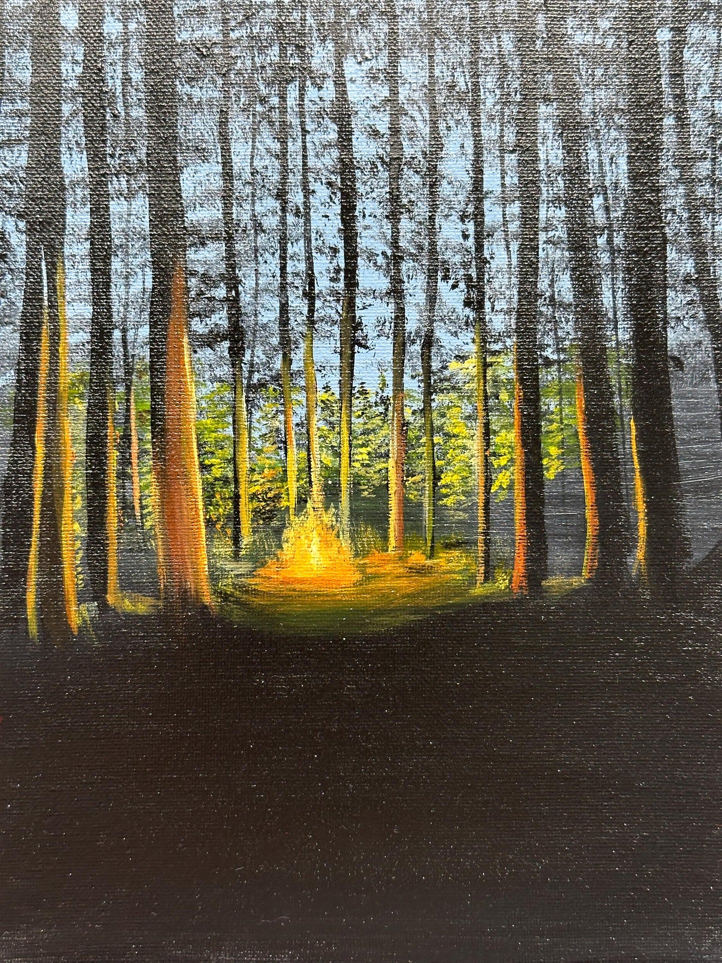 Campfire Glow Acrylic Painting – Forest Bonfire Art, Cozy Cabin Decor (8x10 Canvas)