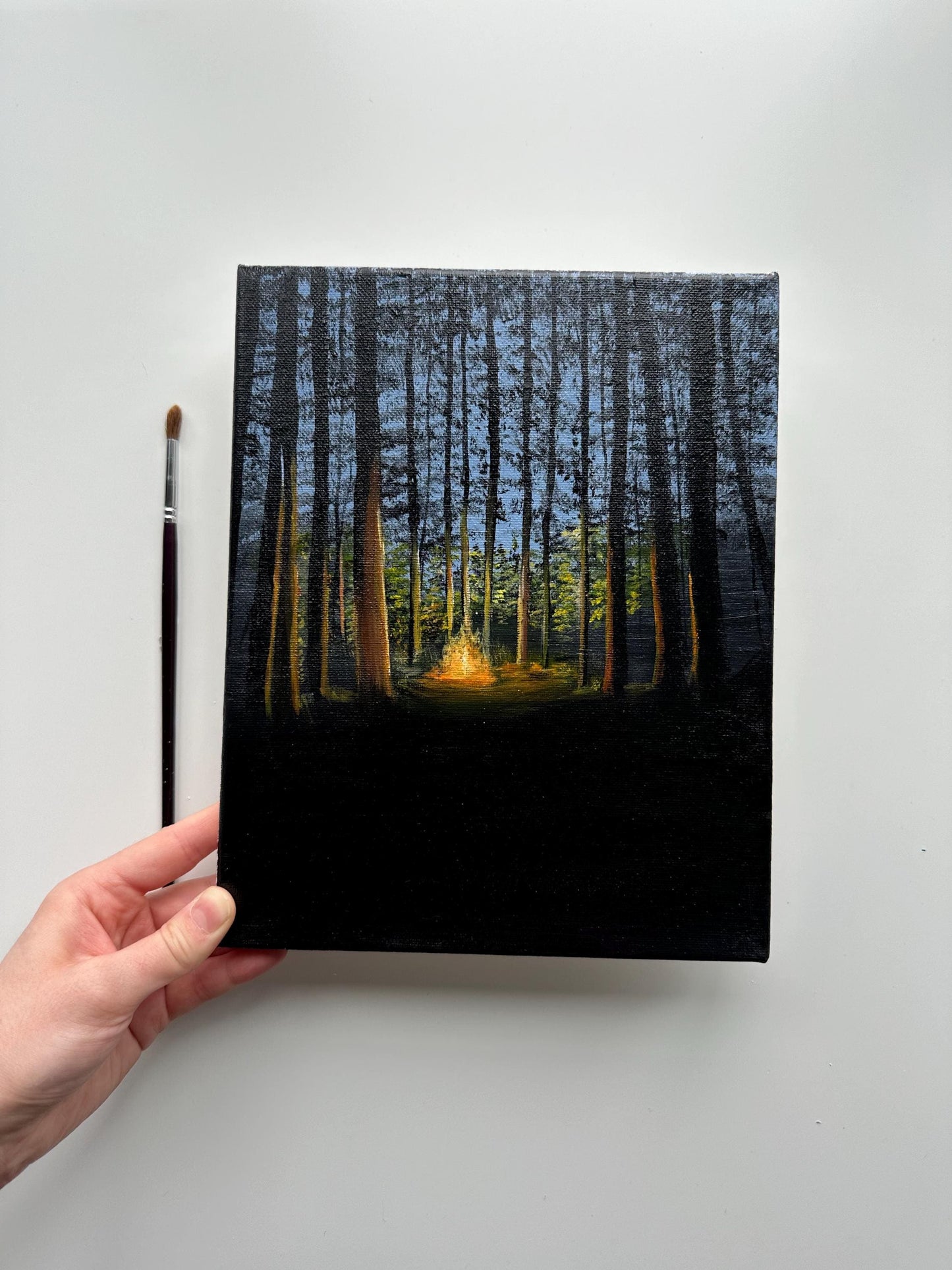 Campfire Glow Acrylic Painting – Forest Bonfire Art, Cozy Cabin Decor (8x10 Canvas)