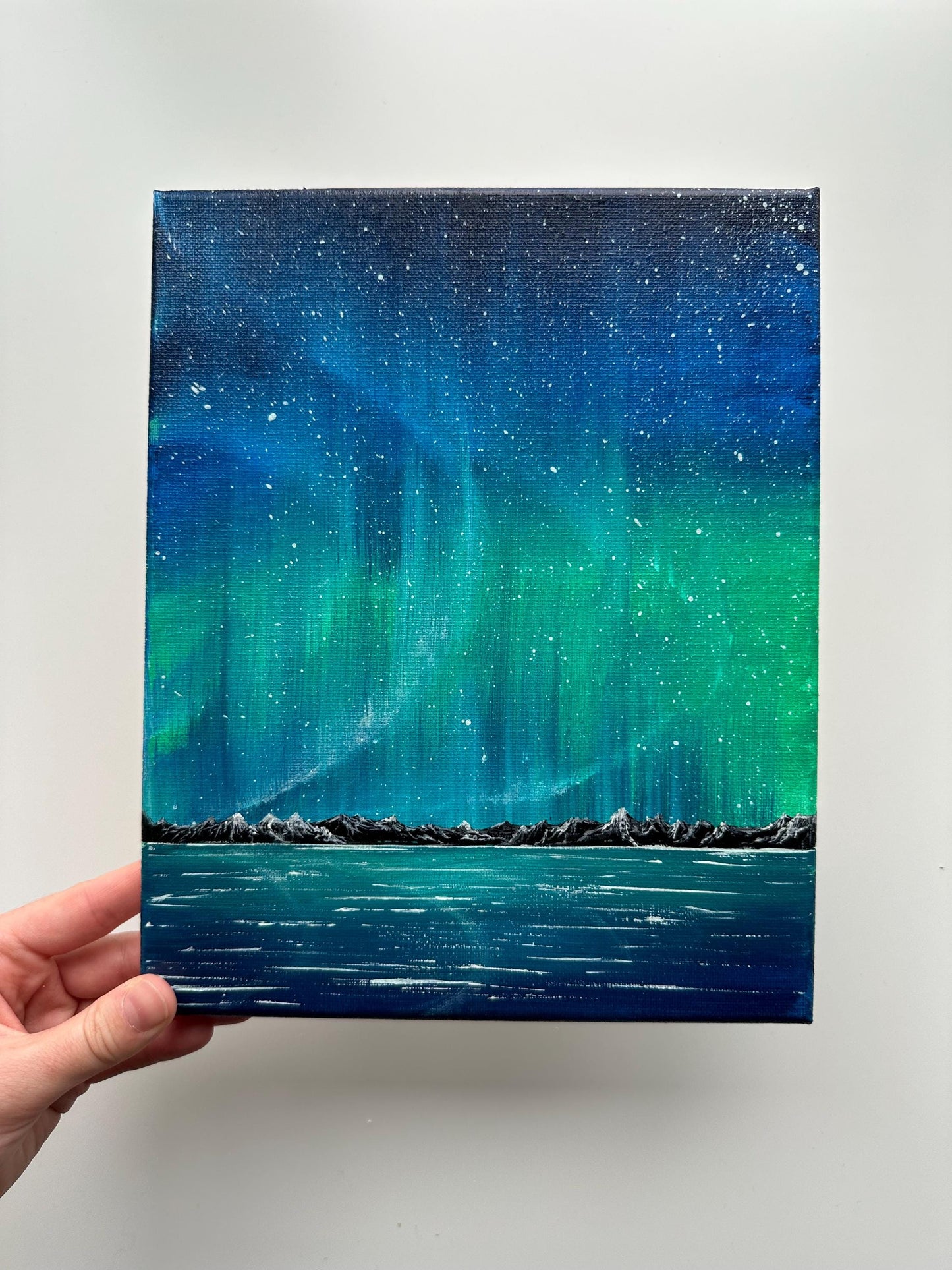 Emerald Aurora Acrylic Painting: Arctic Northern Lights Landscape, 8x10 Canvas