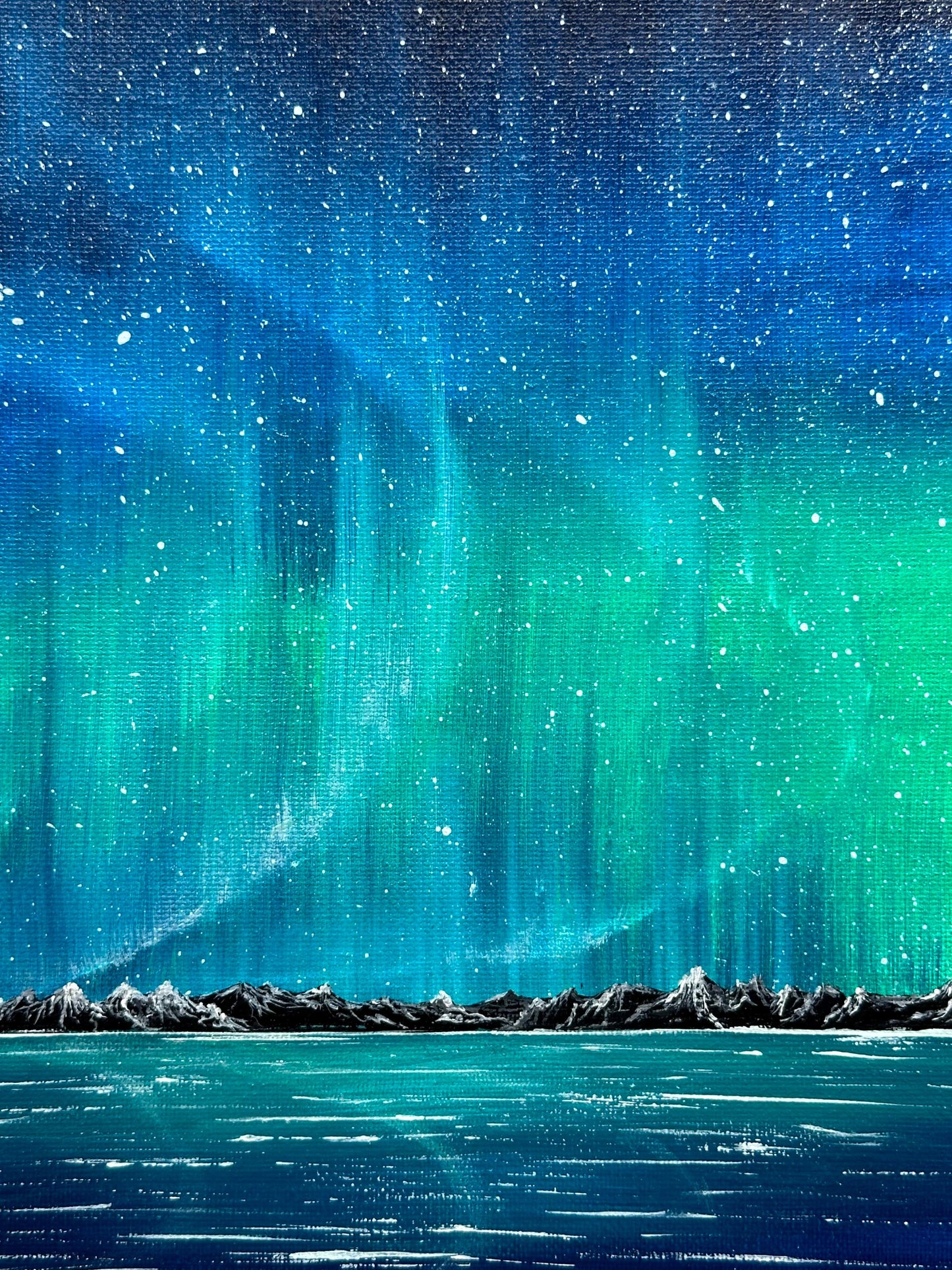 Emerald Aurora Acrylic Painting: Arctic Northern Lights Landscape, 8x10 Canvas