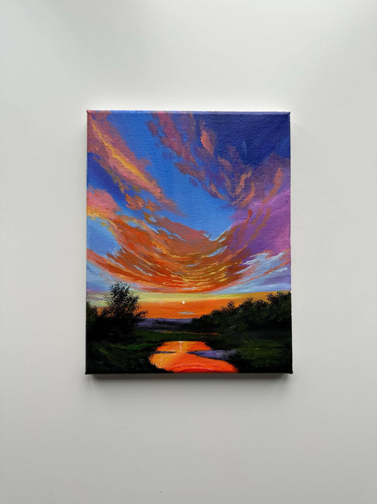 Serene sky painting. Landscape acrylic painting on canvas by AB mini ART. Aesthetic painting. Sunset lake reflections original serene landscape wall art.