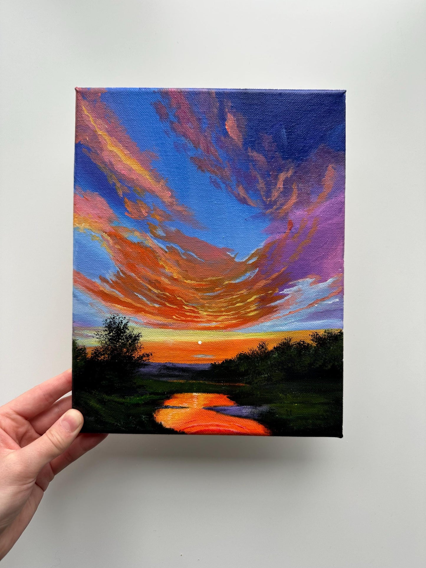 Original Sunset River Acrylic Painting: Fiery Sky Art (8x10 Canvas)