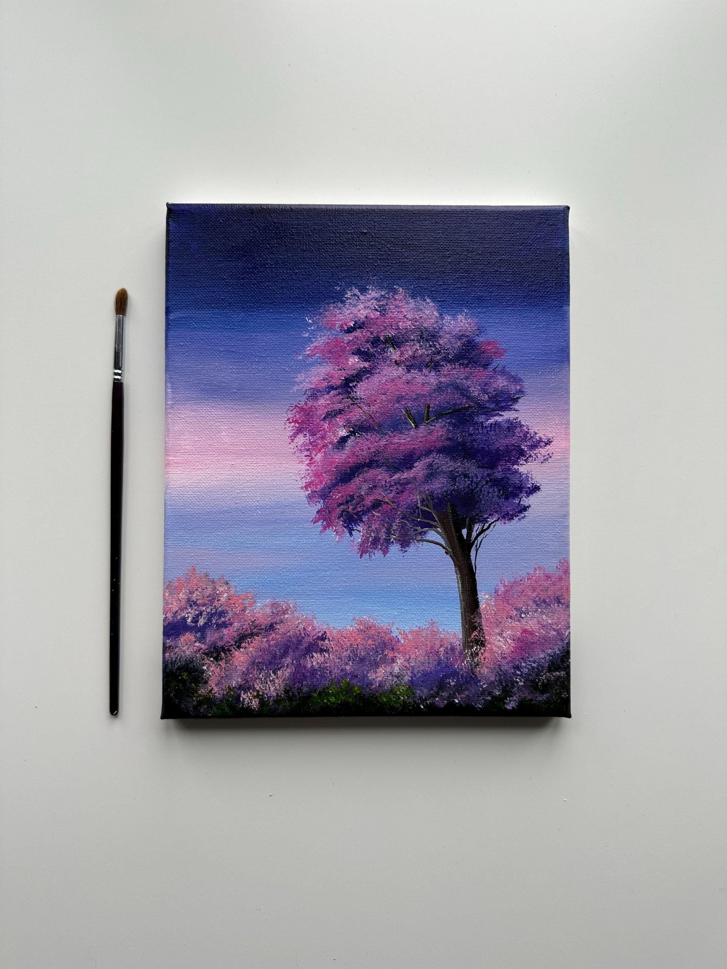 Mystic Purple Tree - Original Acrylic Painting, Fantasy Landscape Art, Dreamy Twilight Sky, 8x10 Canvas