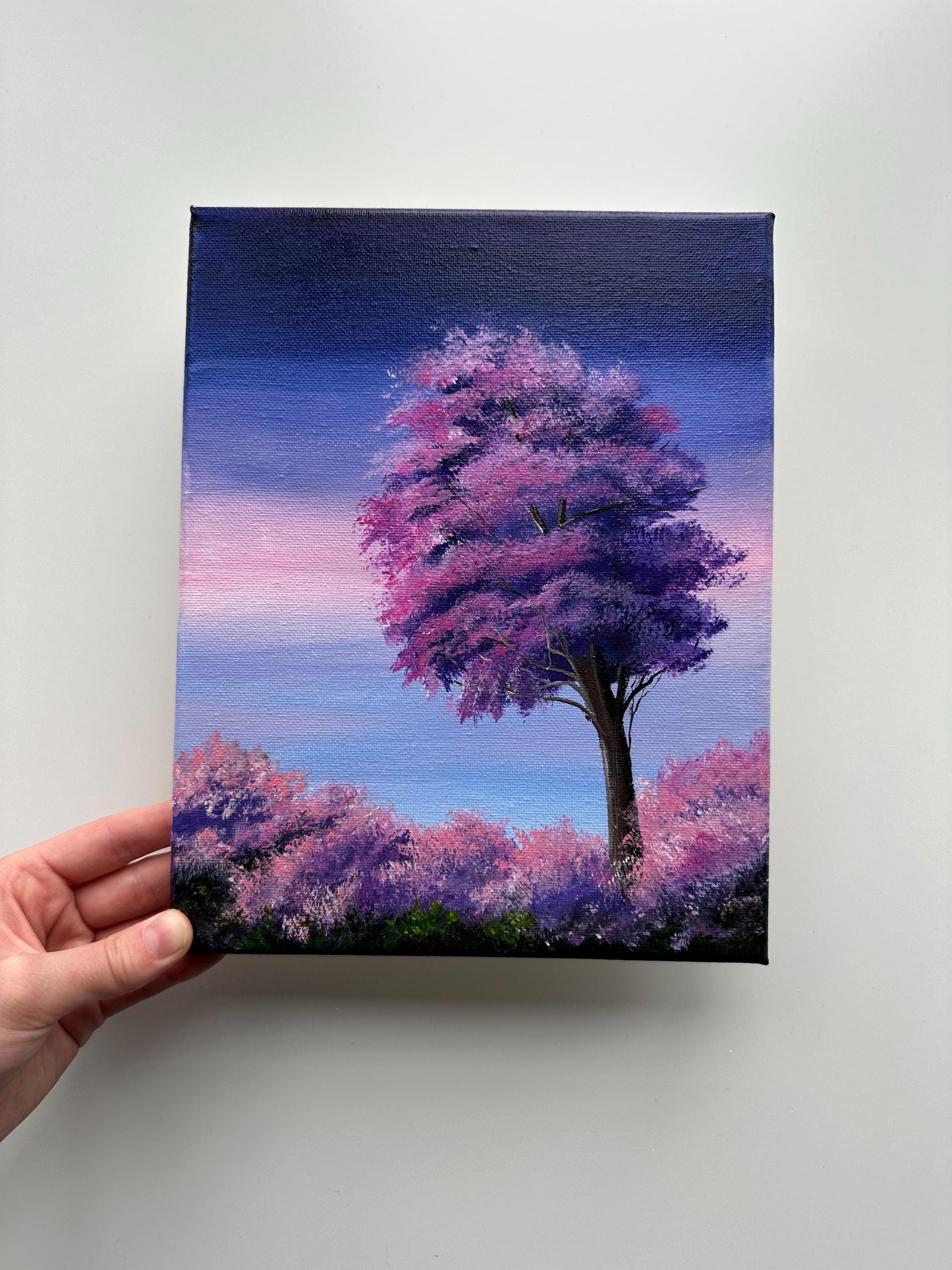 Mystic Purple Tree - Original Acrylic Painting, Fantasy Landscape Art, Dreamy Twilight Sky, 8x10 Canvas
