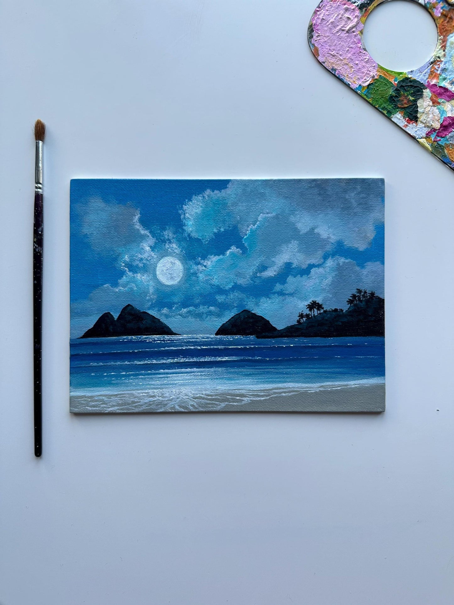 Blue moonlit acrylic painting on canvas board by AB mini ART. Original hand painted artwork gifts. Wall decor art with mountains and ocean. Aesthetic painting