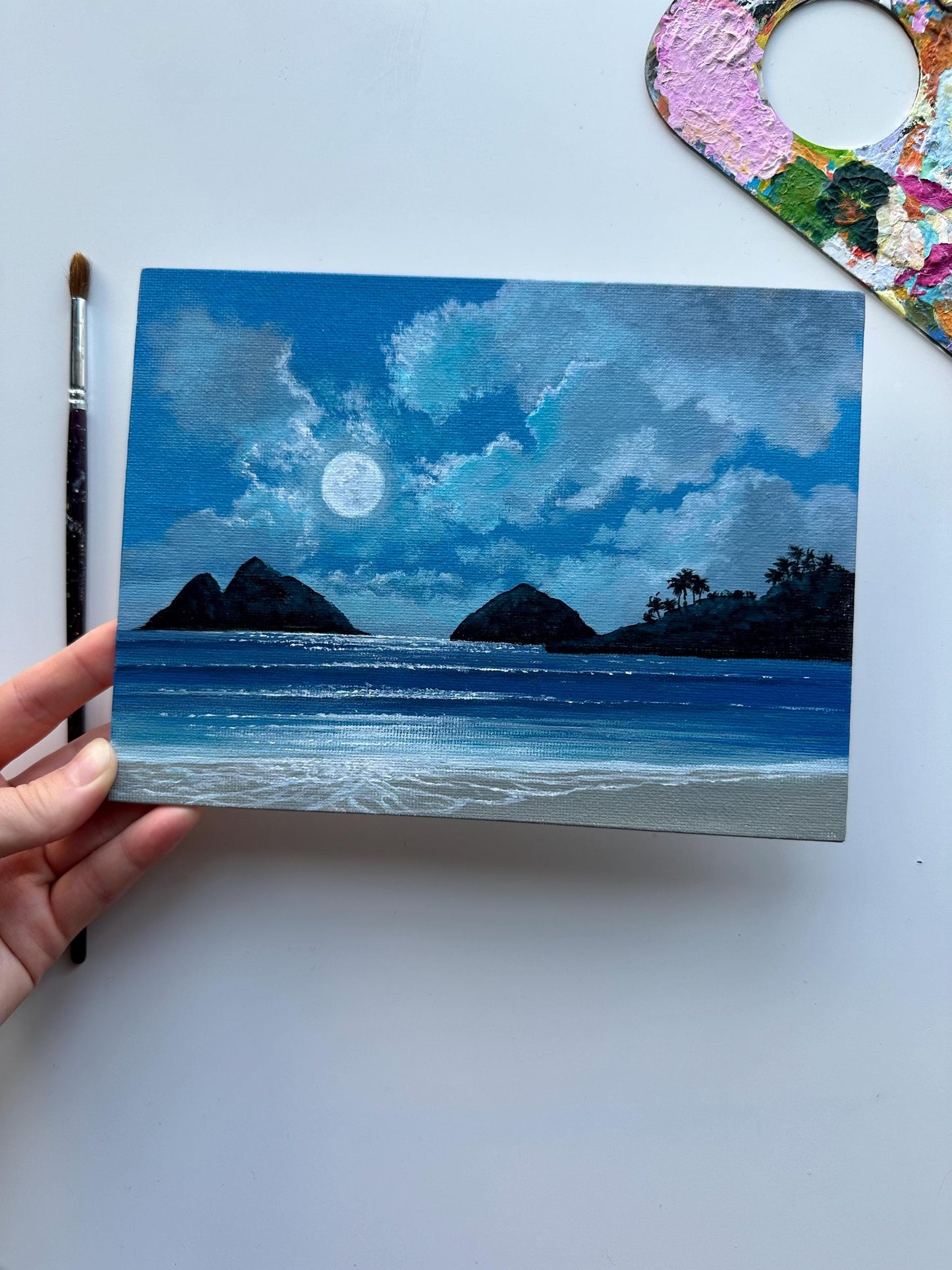 Moonlit Ocean Escape – Original 6”x8” Acrylic Painting | Wall Art Decor