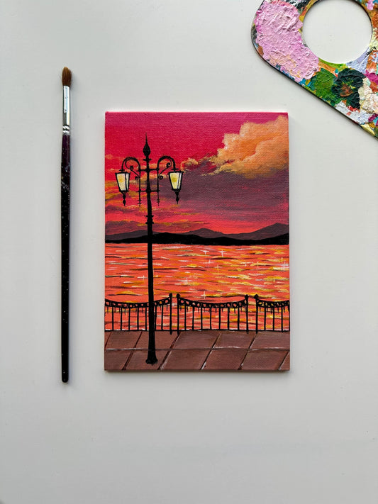 Lakeside serenity by ab mini art. Acrylic painting on mini canvas board. Sunset lakeside painting. Homedecor wall art. Original landscape painting for gift
