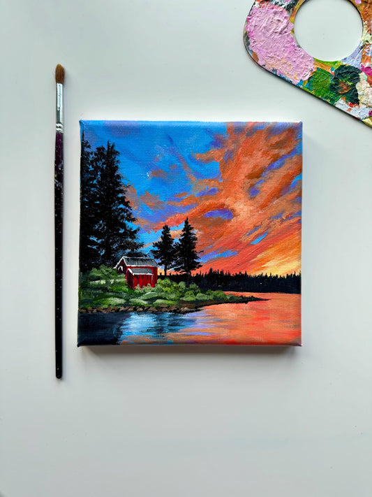 Sunset lakeside acrylic painting on stretched canvas by AB mini ART. Pine trees with beautiful house by the lake. Vibrant colors on canvas. Lakeside serenity wall decorart.