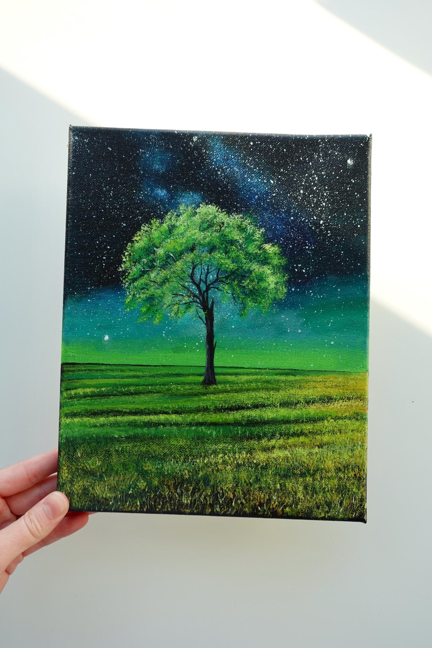 Lush Tree Under the Starry Night Sky – Tranquil Nature Landscape Original 8”x10” Acrylic Painting