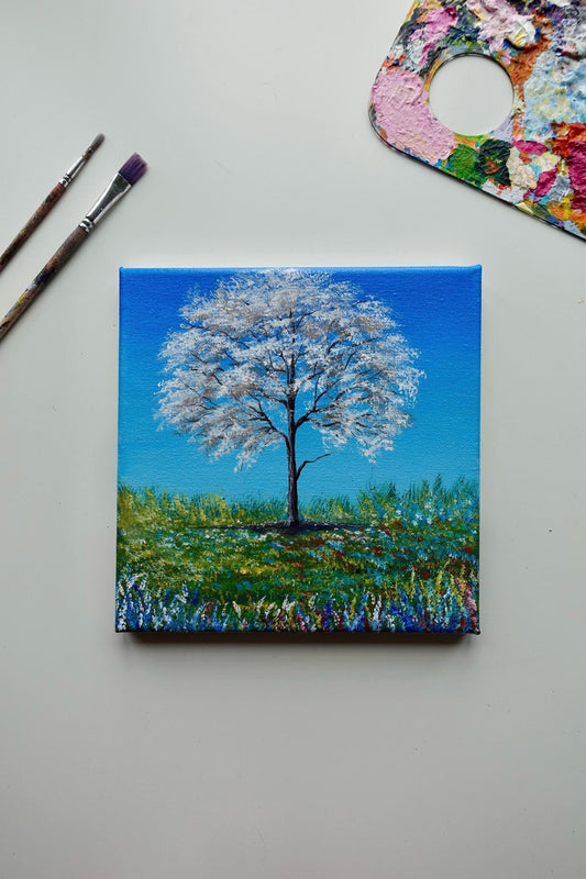 White blossom spring tree painting on stretched canvas. Landscape artworks for wall art and home decor by ab mini art. Tree painting with vibrant lavenders. Acrylic paintings for gift andart collectors.