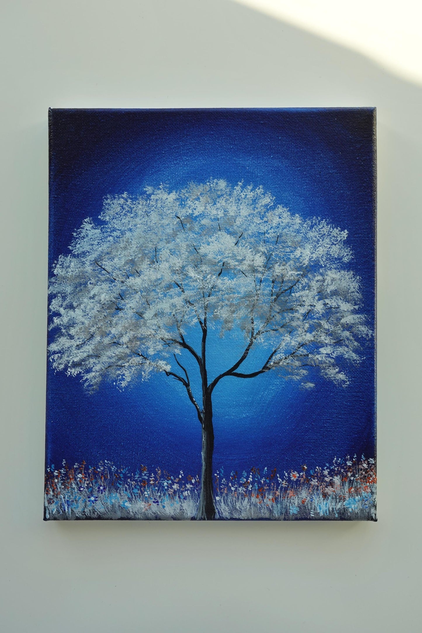 Ethereal Glow: White Tree Under a Midnight Sky - Original 8x10” Acrylic Painting