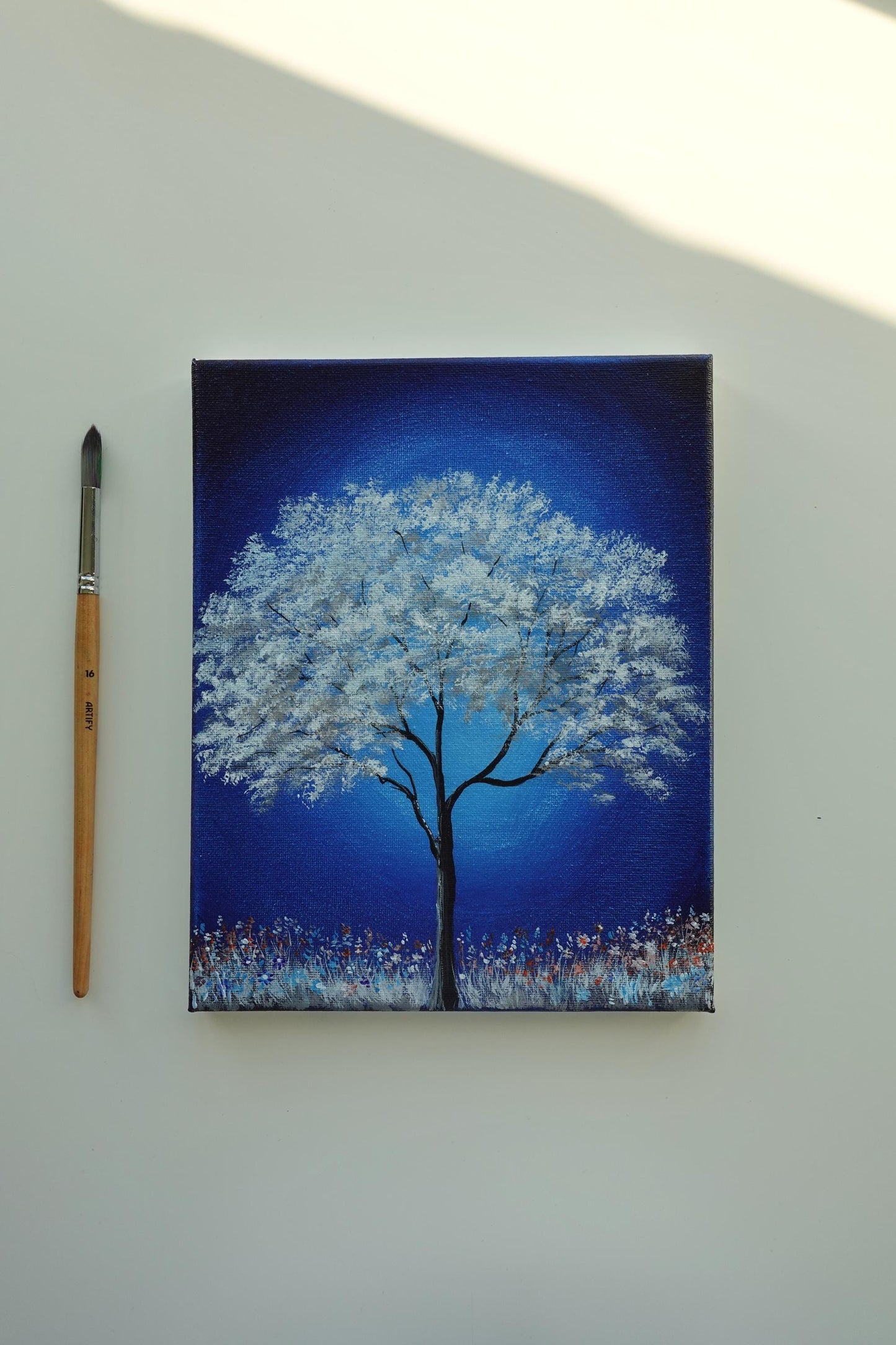 Ethereal Glow: White Tree Under a Midnight Sky - Original 8x10” Acrylic Painting