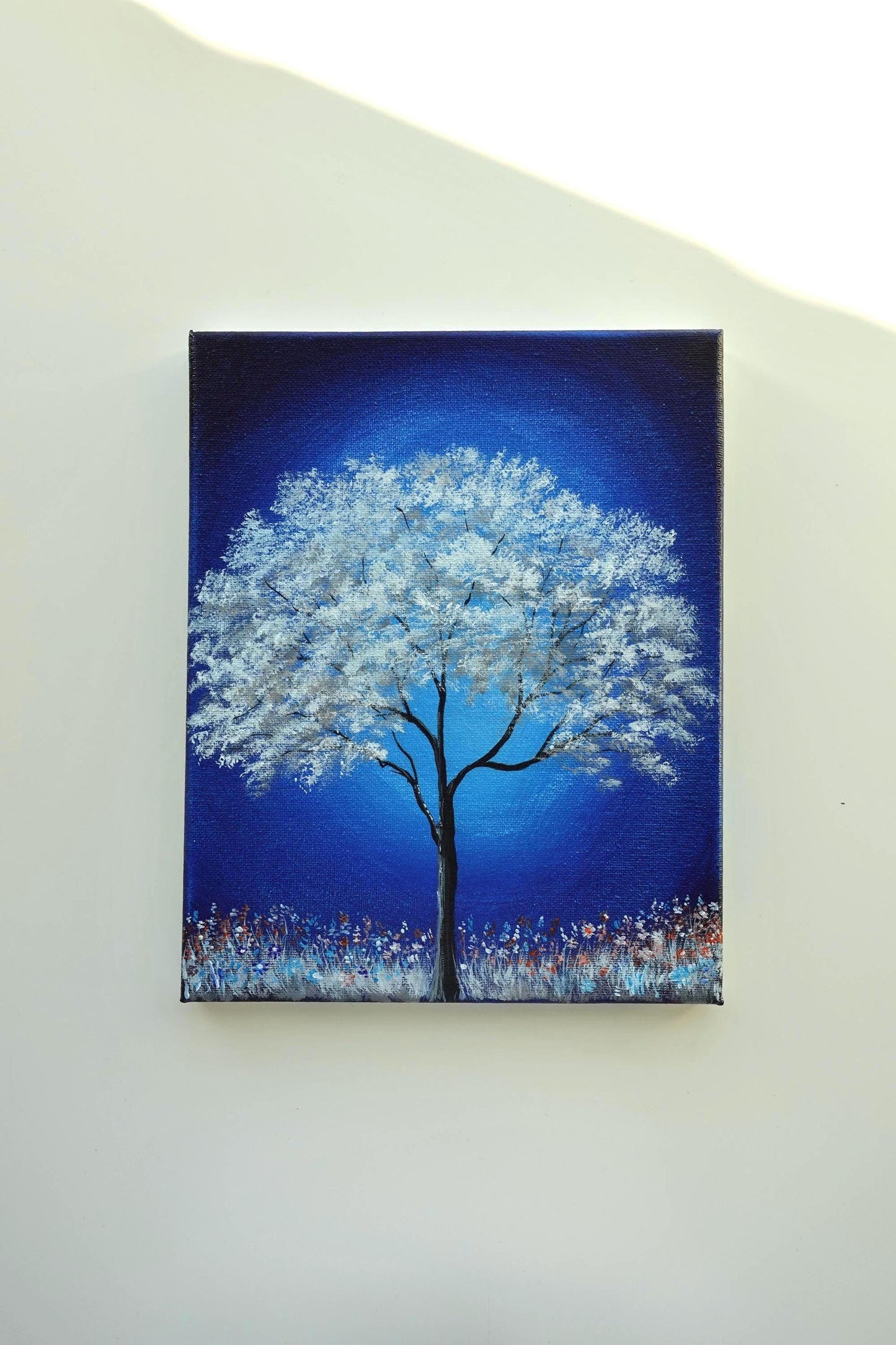 Acrylic painting on stretched canvas. White tree painting with acrylic paints by AB mini ART. Serene landscape arwork for home decor wall art gifts.