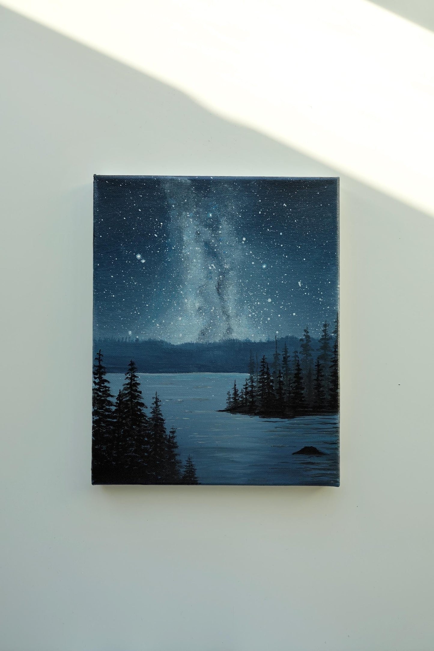 Celestial Reflections: Starry Sky Over a Tranquil Lake - Original 8x10” Acrylic Painting