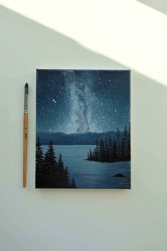 Celestial Reflections: Starry Sky Over a Tranquil Lake - Original 8x10” Acrylic Painting