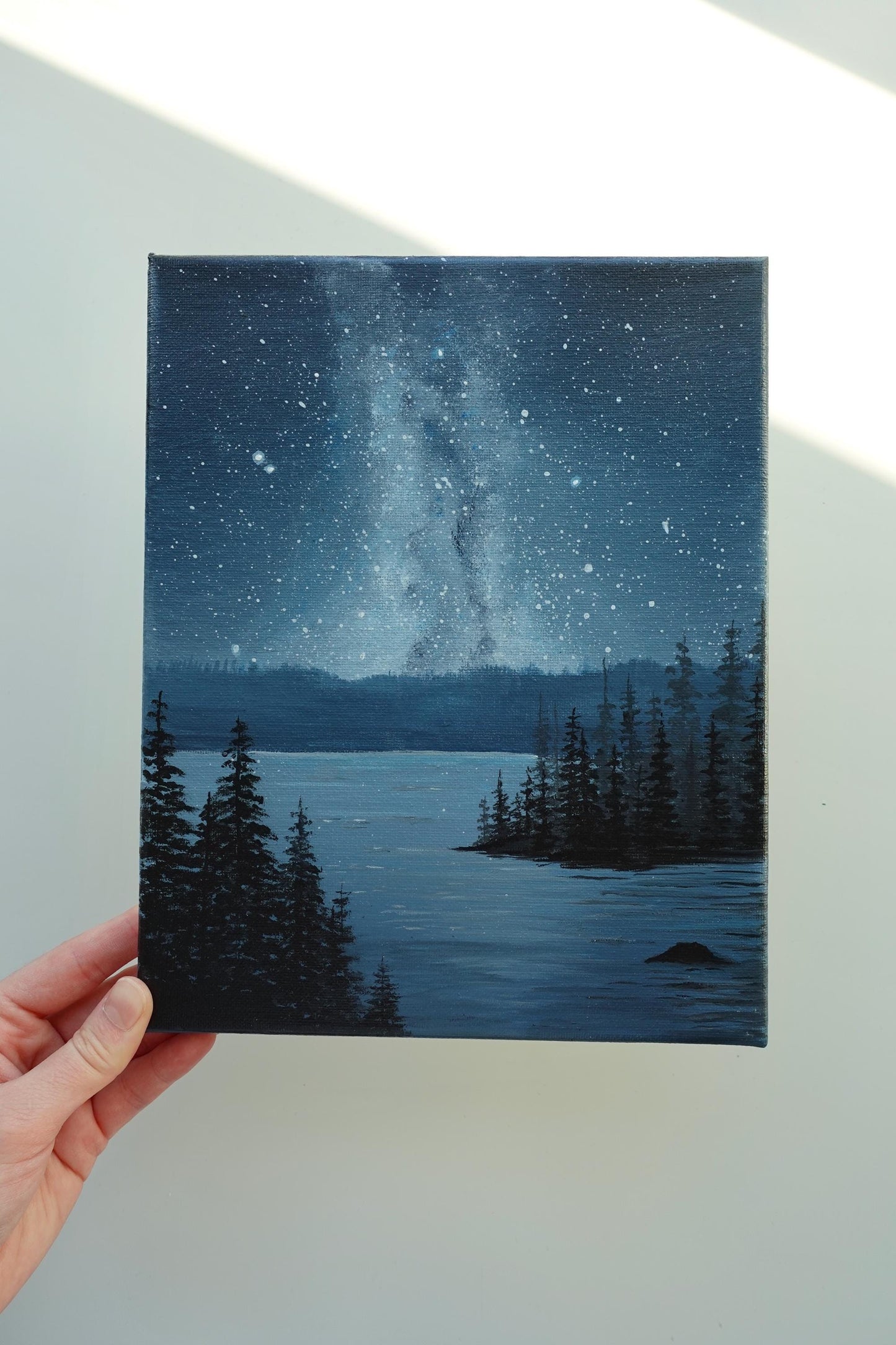 Celestial Reflections: Starry Sky Over a Tranquil Lake - Original 8x10” Acrylic Painting