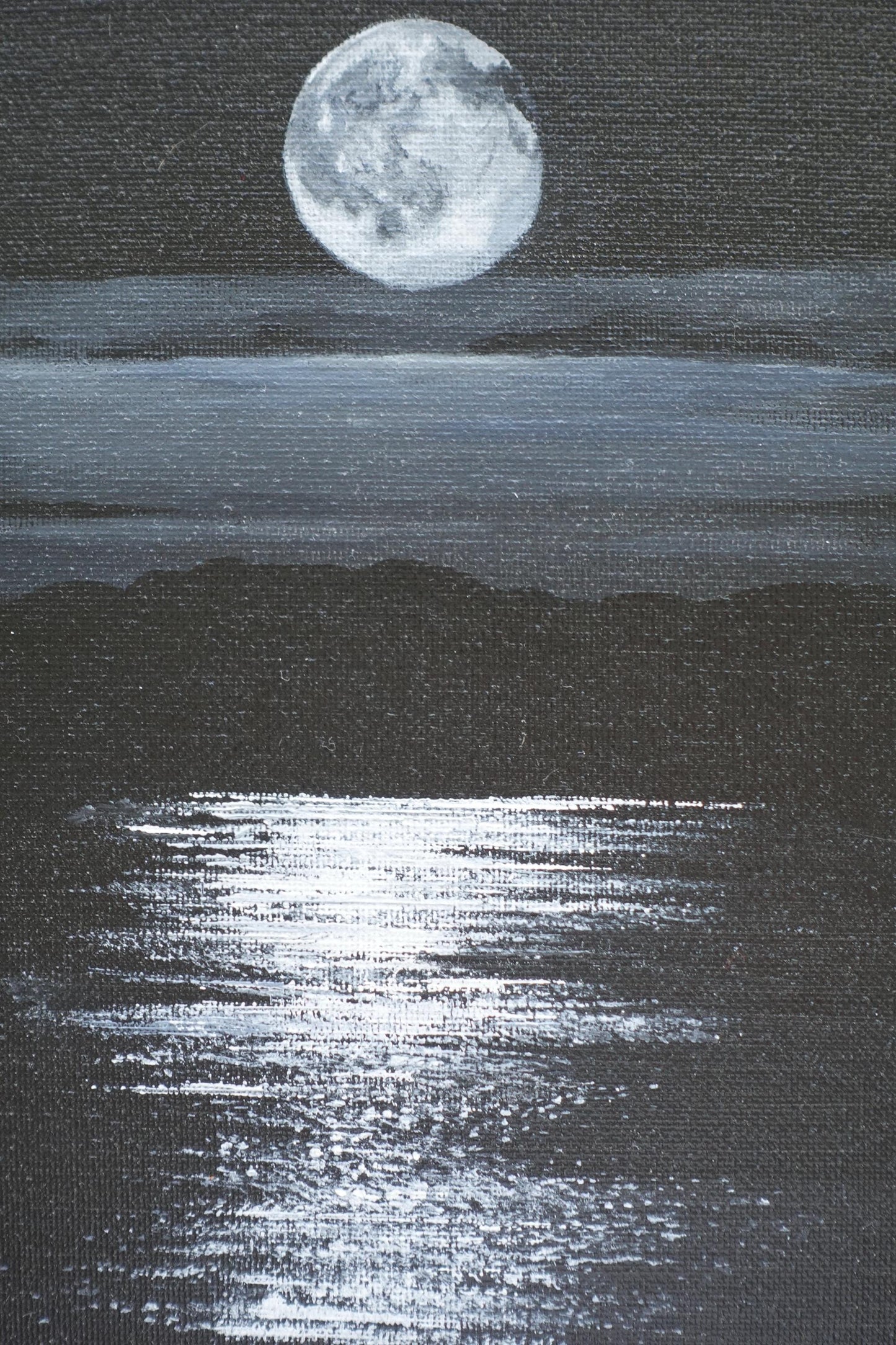 Original Moonlit Nightscape Painting: Minimalist Black and White Art (8x10 Canvas)
