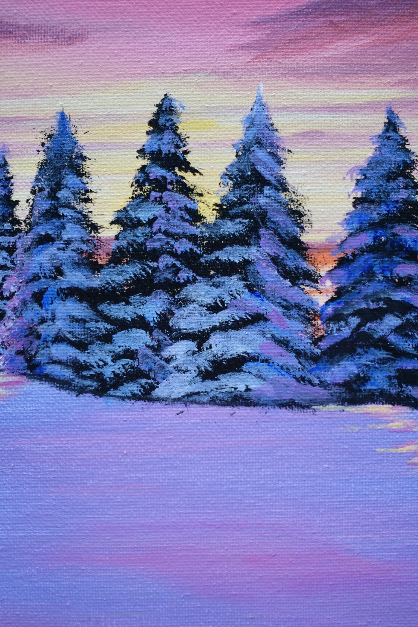Winter Sunset Acrylic Painting: Snowy Pine Trees, Purple Pink Sky, 8x8 Canvas