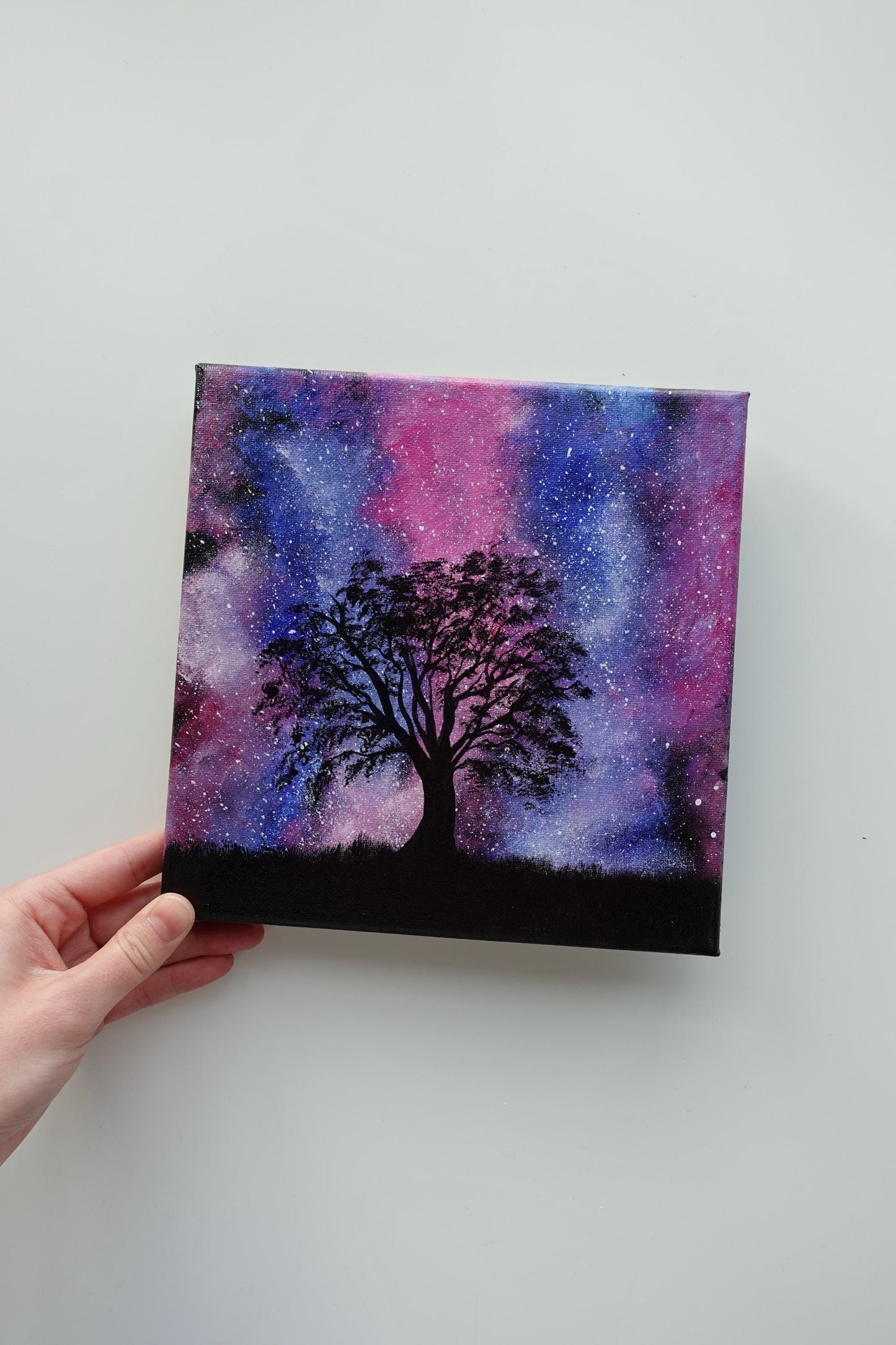 Cosmic Dream Tree Painting – Galaxy Silhouette Art, 8x8 Canvas