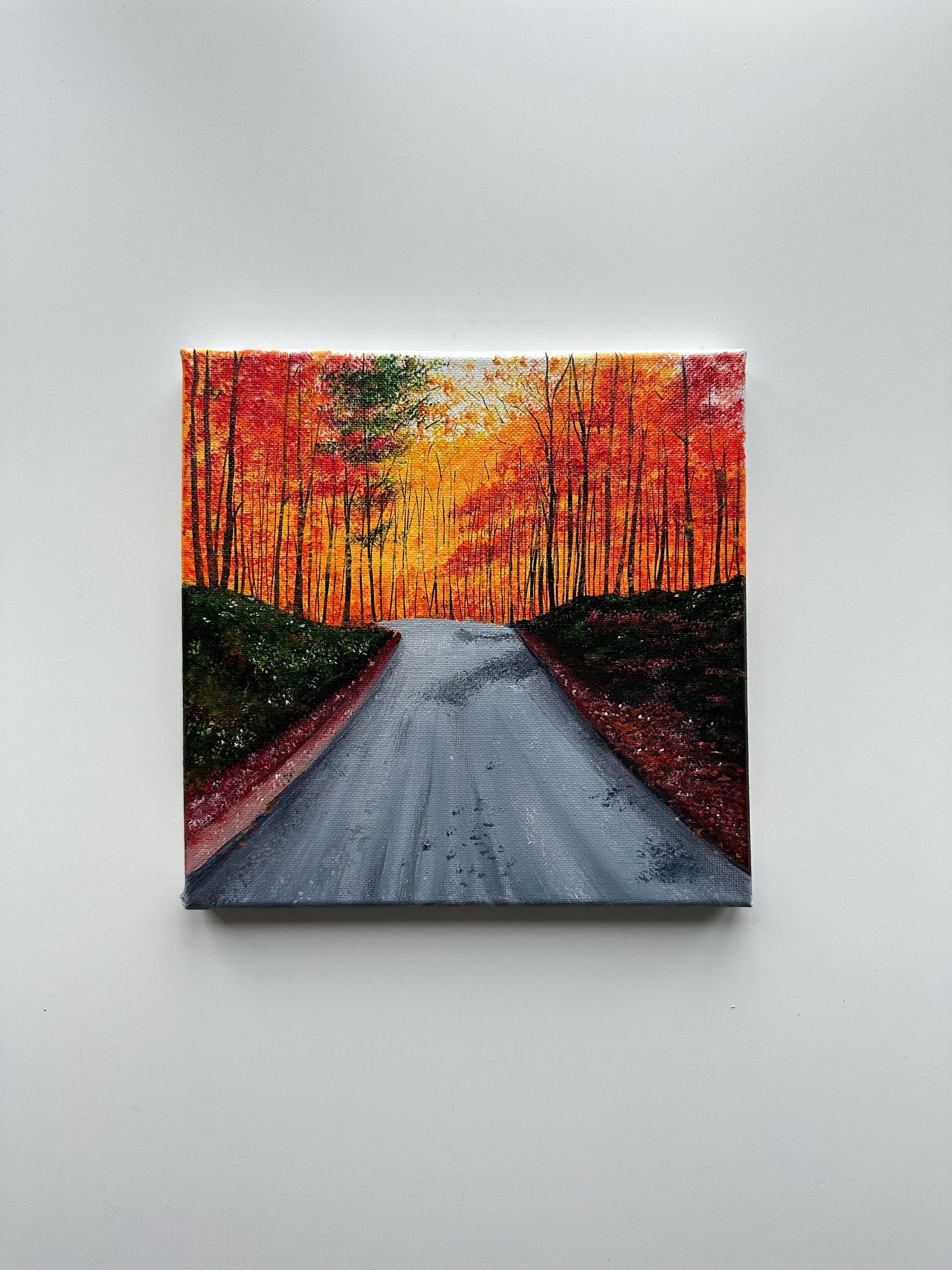 Autumn road acrylic painting on stretched canvas. Vibrant acrylic colors by ab mini art. Home decor wall original art. Road painting. Aesthetic autumn forest.