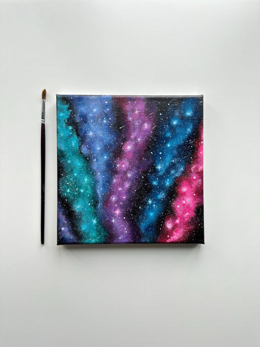 Cosmic galaxy painting on stretched canvas by AB mini ART. Aesthetic original artwork landscape painting art. Starry sky w vibrant colors. Traditional original home decor wall art for gift.