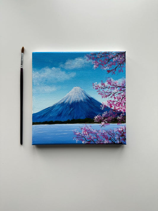 Mt. Fuji Acrylic Painting: Japanese Cherry Blossom Landscape Art (8x8 Canvas)