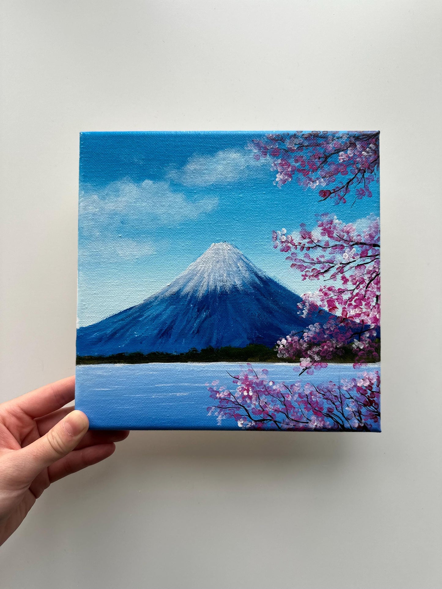 Mt. Fuji Acrylic Painting: Japanese Cherry Blossom Landscape Art (8x8 Canvas)