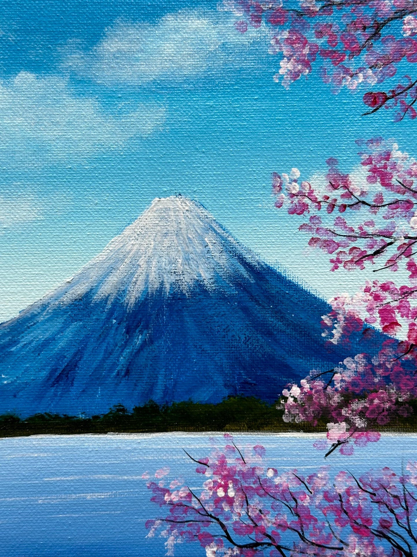 Mt. Fuji Acrylic Painting: Japanese Cherry Blossom Landscape Art (8x8 Canvas)